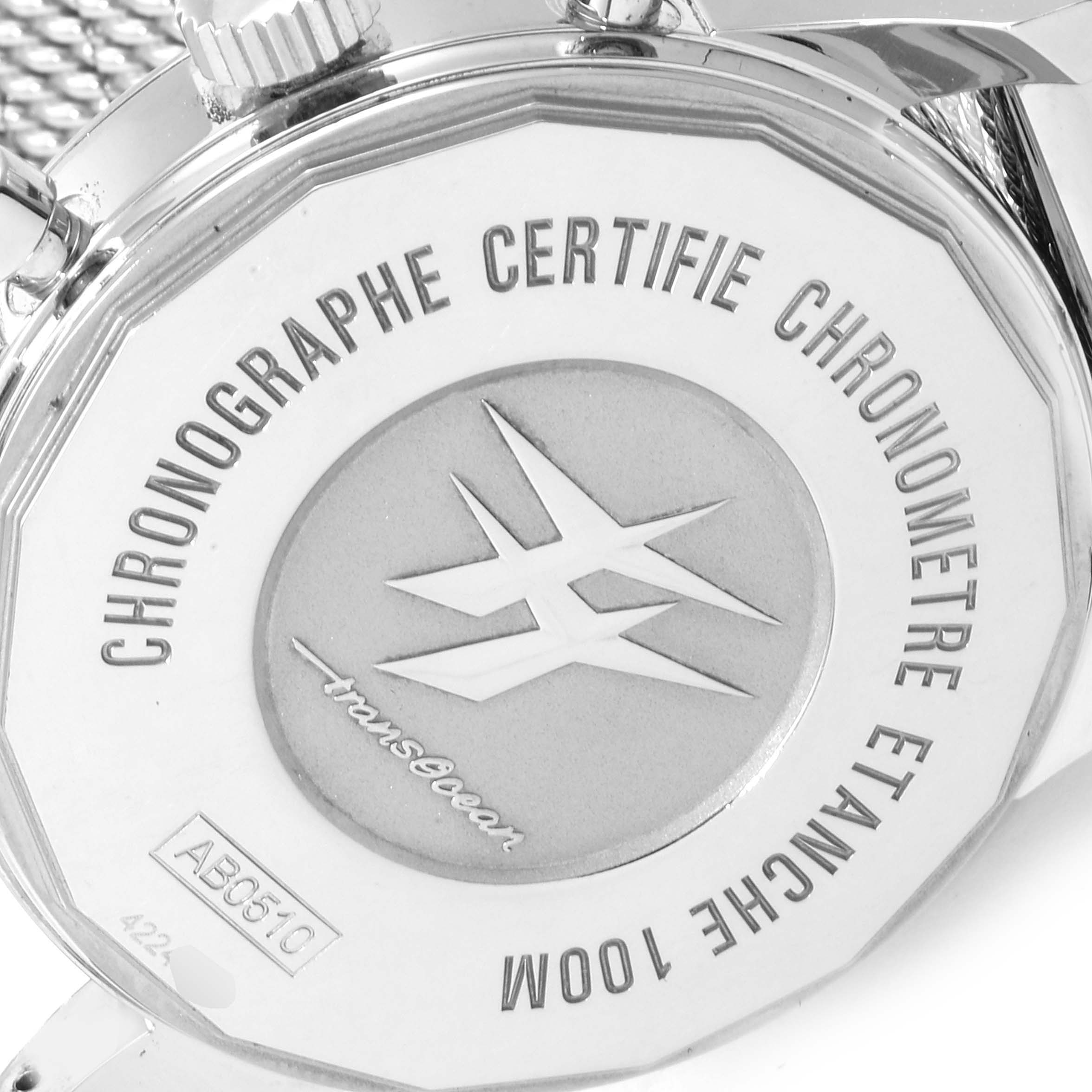 The image shows the back case of the Breitling Transocean AB0510 Men's Stainless Steel Black Dial AB0510 Men's Stainless Steel Black Dial watch, highlighting the engravings and logo.