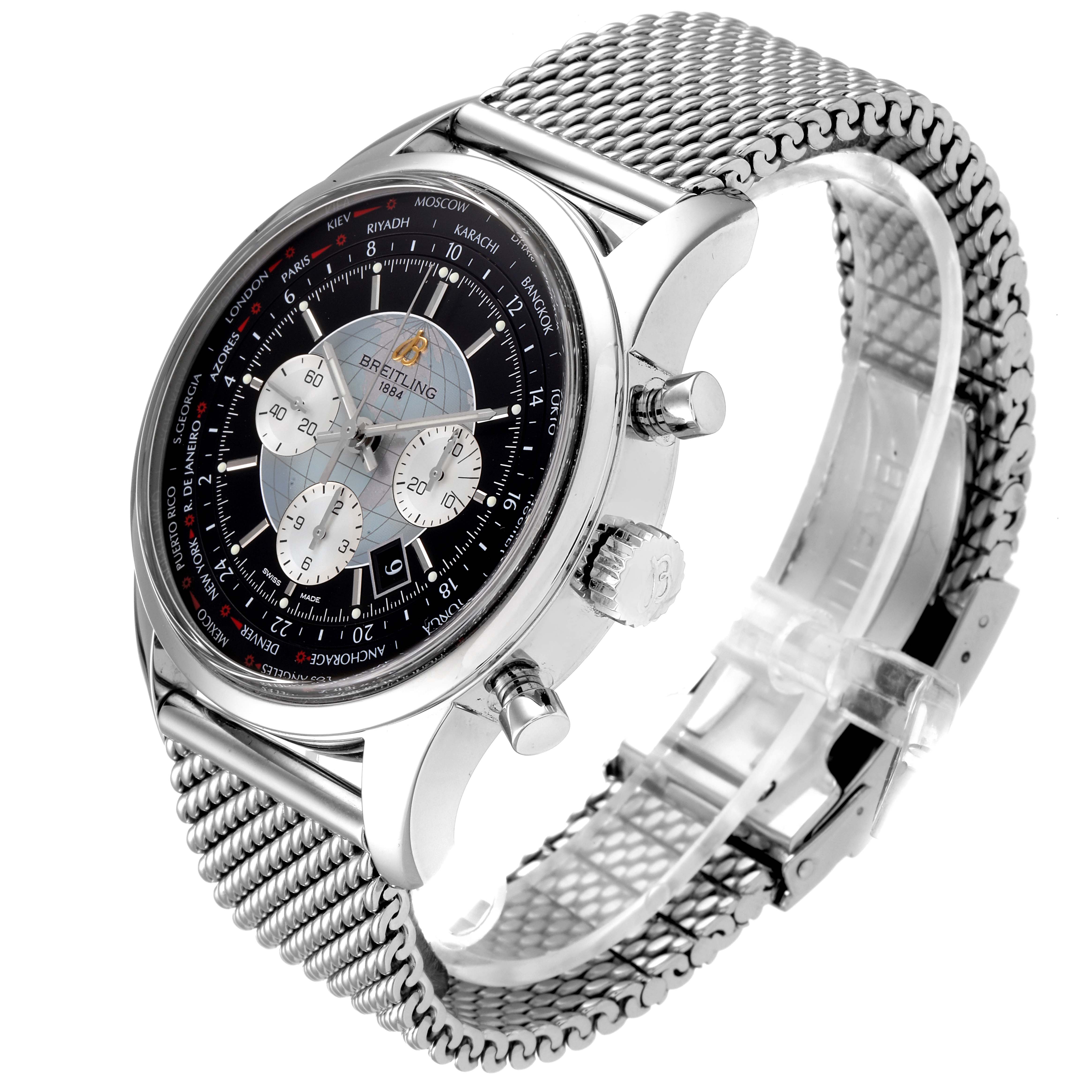 The image shows a Breitling Transocean AB0510 Men's Stainless Steel Black Dial AB0510 Men's Stainless Steel Black Dial watch at a three-quarter angle, highlighting the mesh band, dials, and crown.