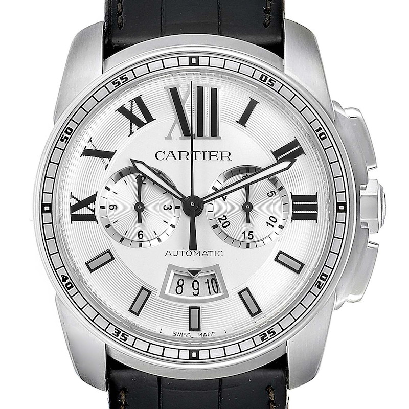 Calibre De Cartier Steel Chronograph Silver Dial Mens Watch W7100046 SwissWatchExpo