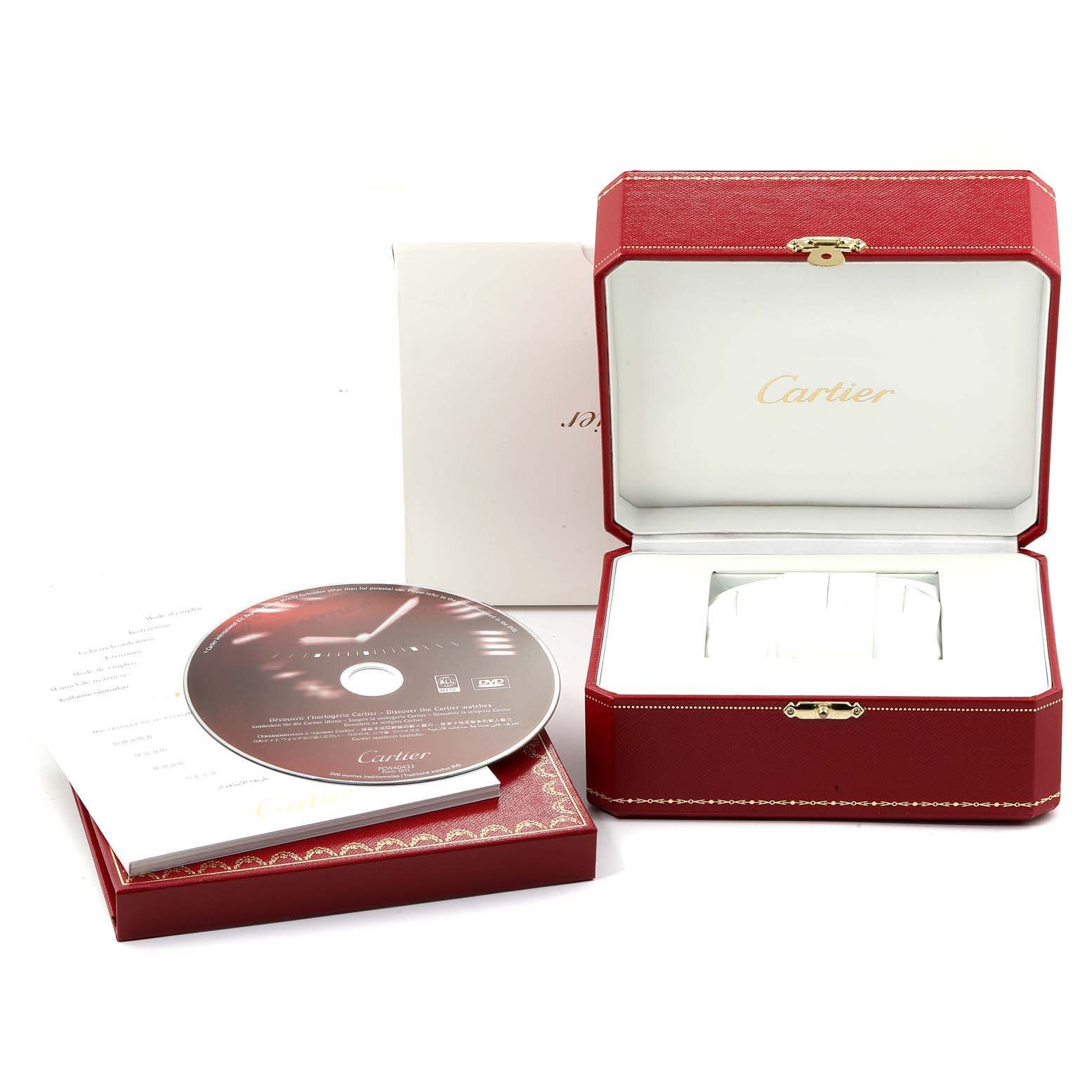 The image shows the packaging, booklet, and a CD for the Calibre de Cartier model by Cartier.
