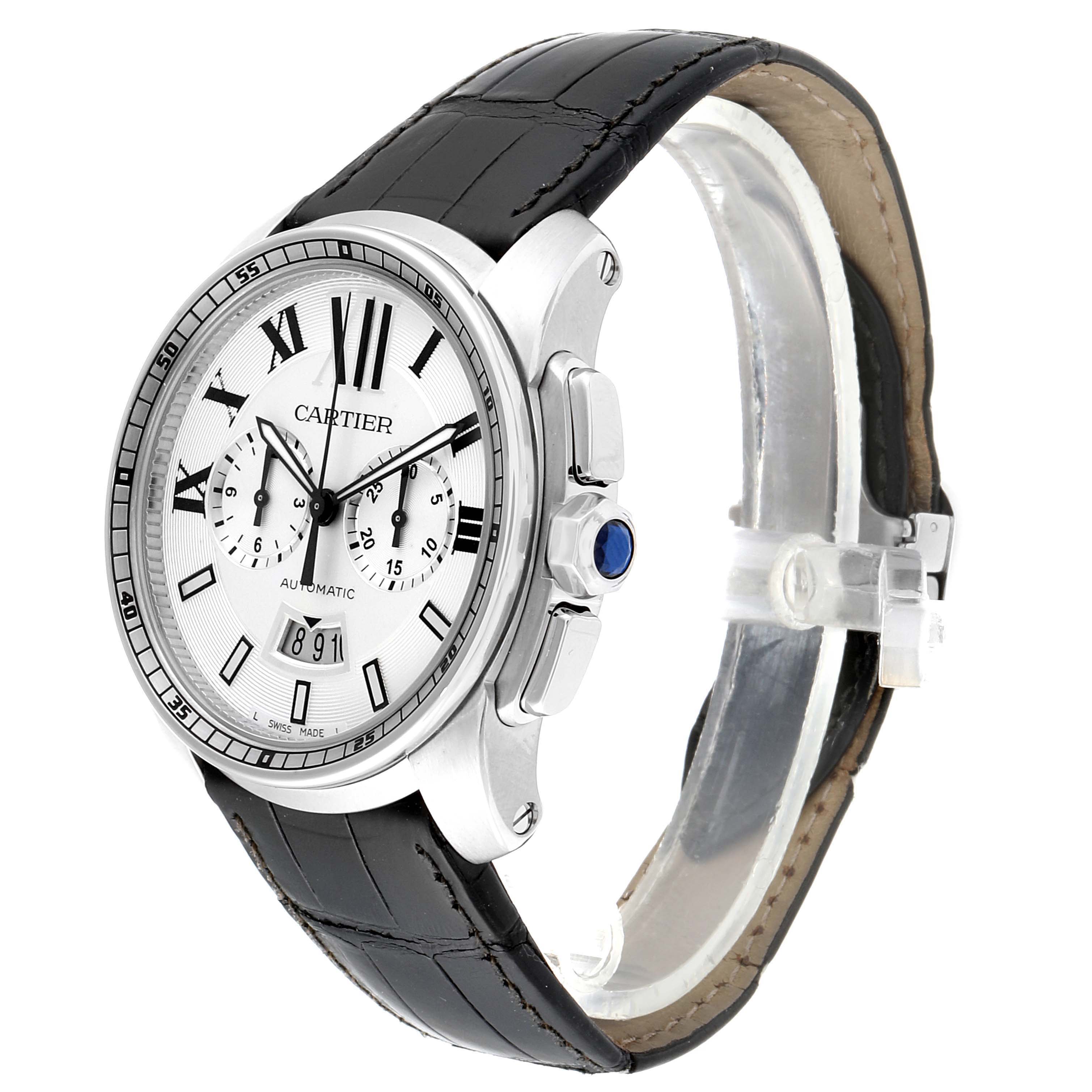 The image shows a Calibre de Cartier model by Cartier at an angled side view, highlighting its dial, crown, and leather strap.