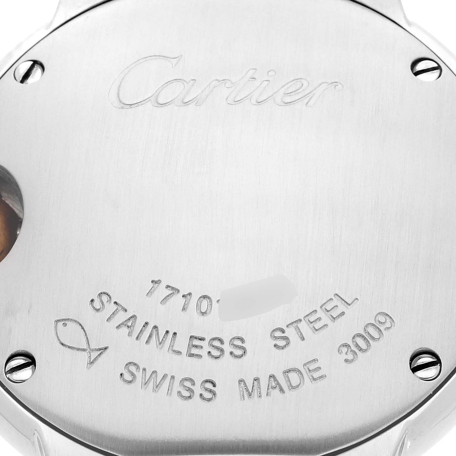 This image shows the back case of a Ballon Bleu model by Cartier, highlighting the brand engraving, material, and manufacturing details.