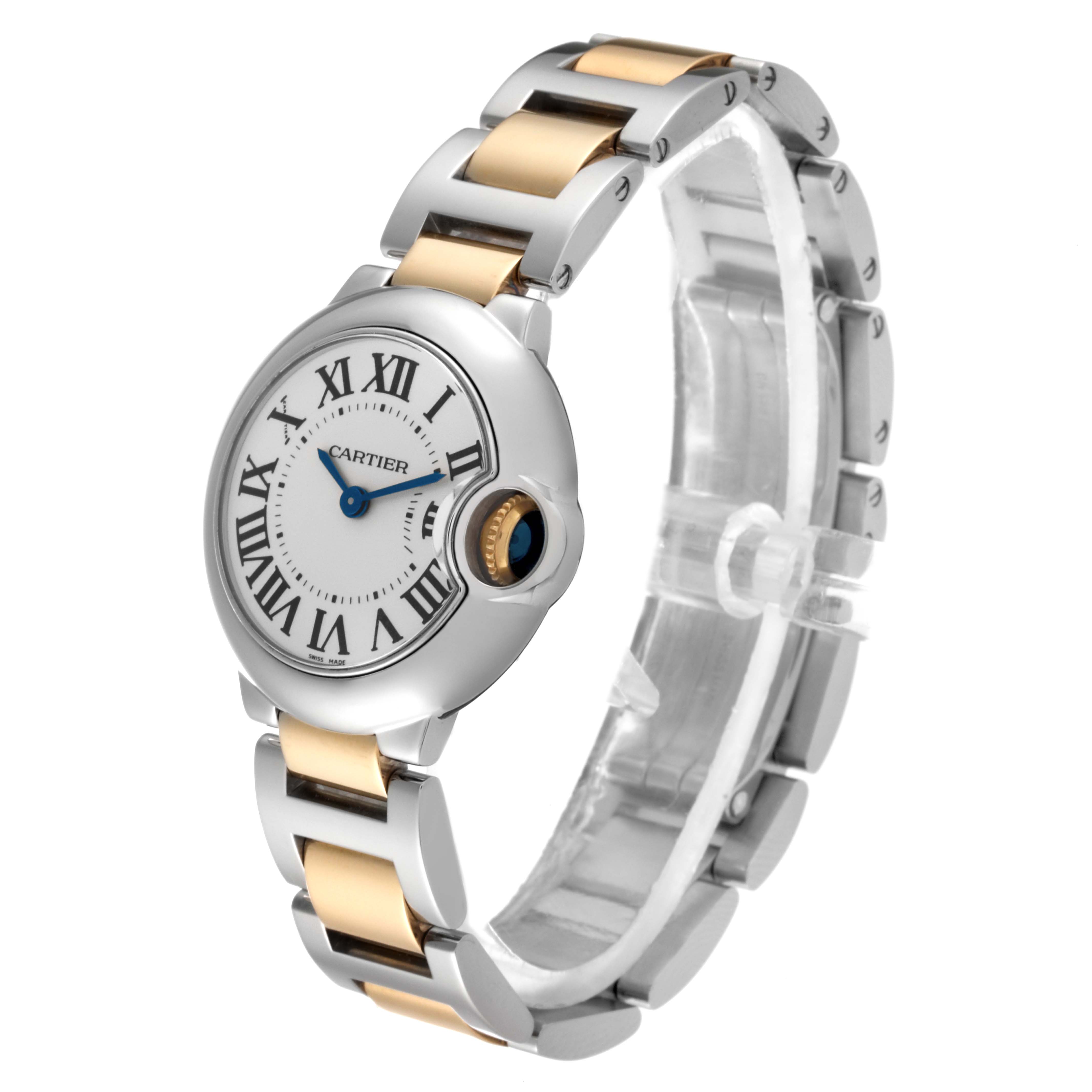 The image shows a Cartier Ballon Bleu W69007Z3 Women's Steel and Gold (two tone) Silver Dial W69007Z3 Women's Steel and Gold (two tone) Silver Dial watch at a 3/4 angle, highlighting the face, bracelet, and distinct crown.