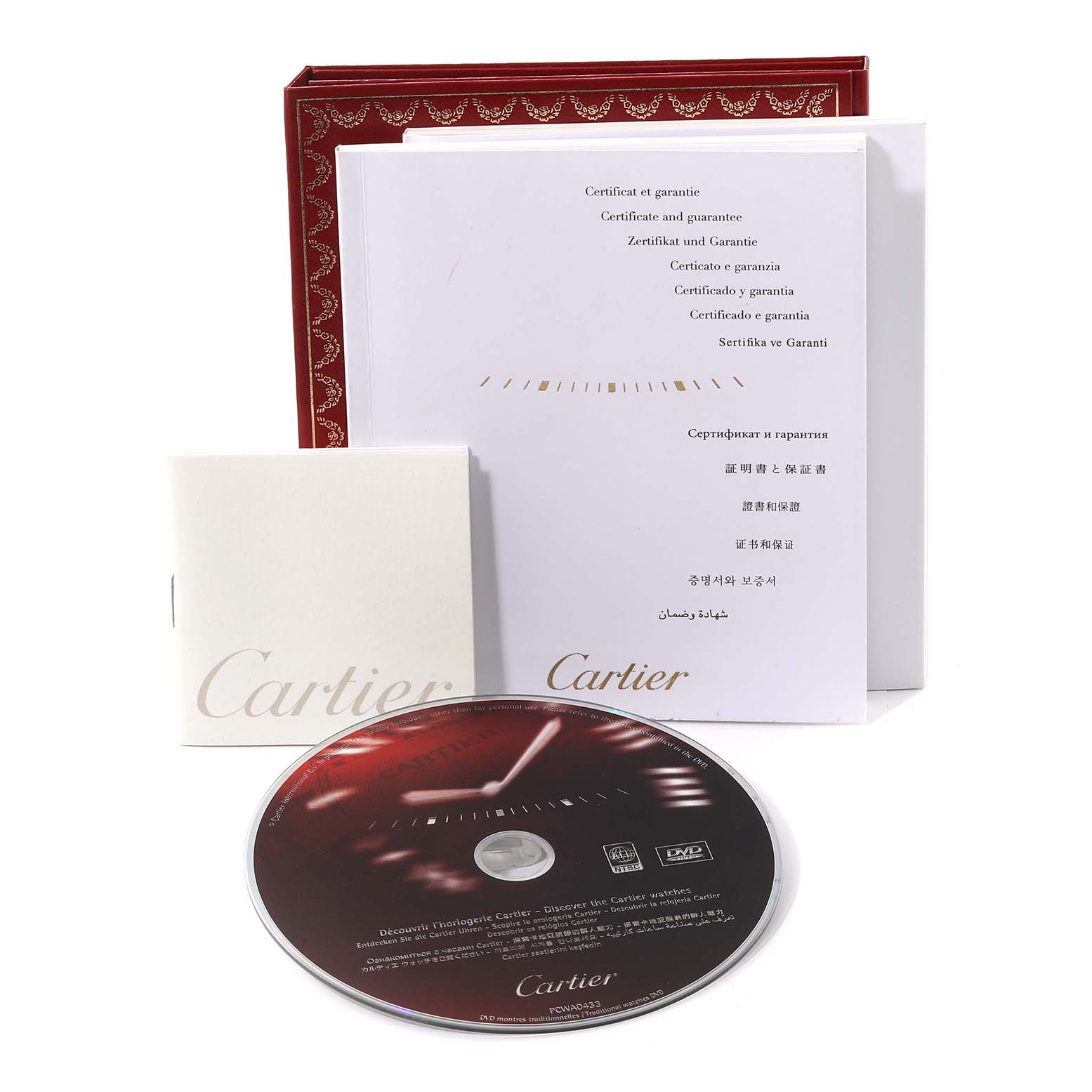 The image shows the certificate, manual, a CD, and red packaging for a Ballon Bleu de Cartier watch.