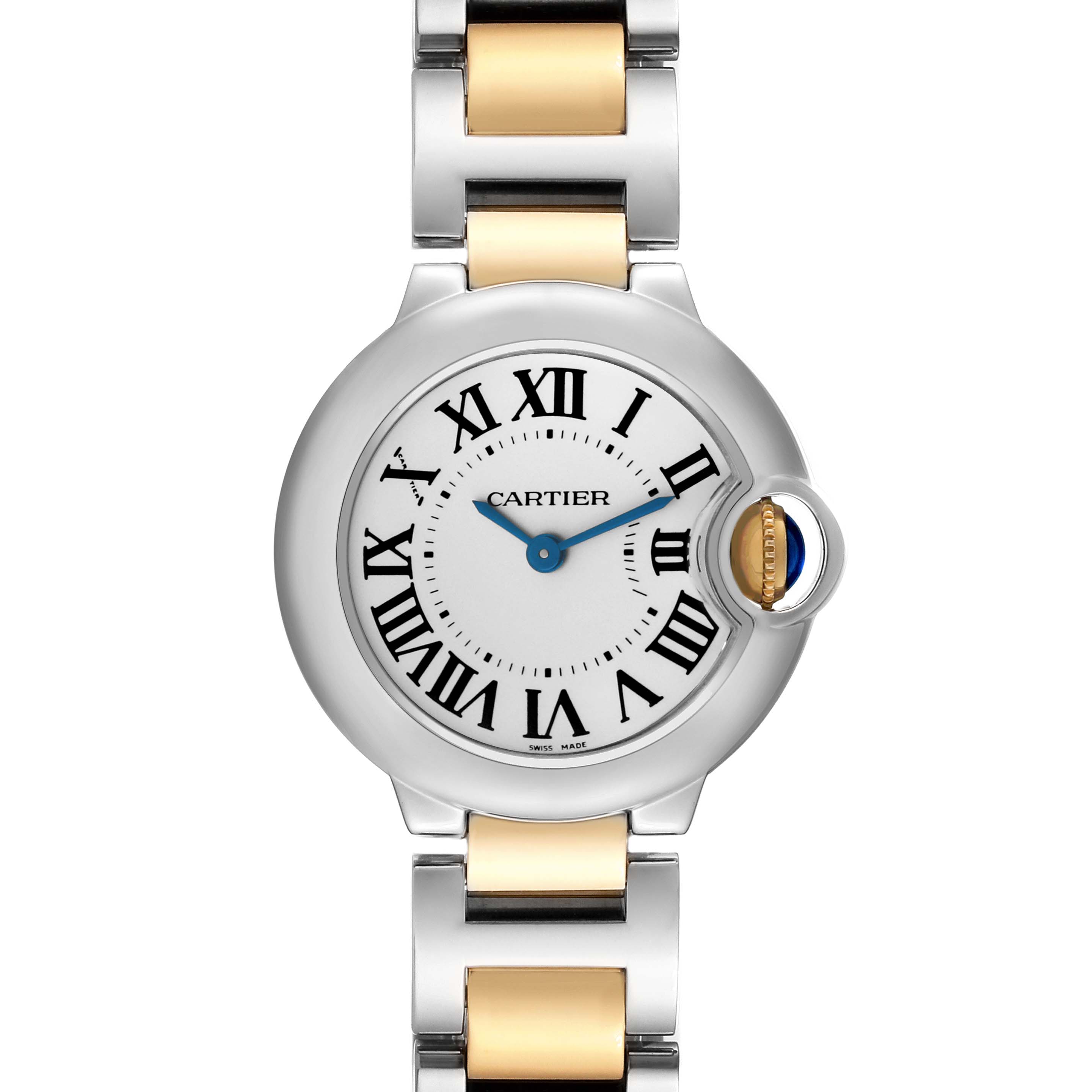 This image shows a frontal view of a Cartier Ballon Bleu W69007Z3 Women's Steel and Gold (two tone) Silver Dial W69007Z3 Women's Steel and Gold (two tone) Silver Dial watch, featuring a two-tone metal bracelet and Roman numeral dial.