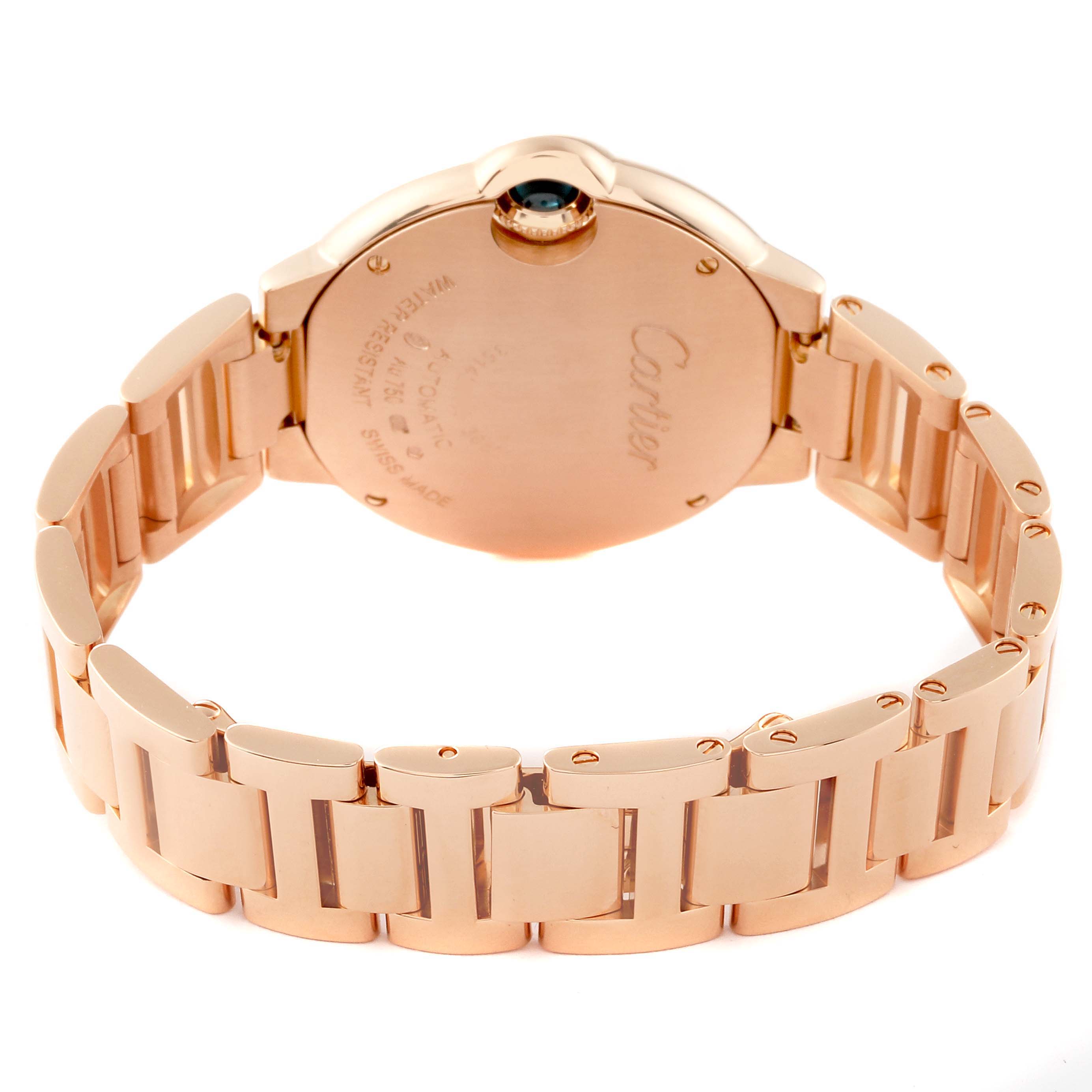 This photo shows the back and bracelet of a Cartier Ballon Bleu WE902062 Women's Rose Gold Silver Dial WE902062 Women's Rose Gold Silver Dial watch at an angle.