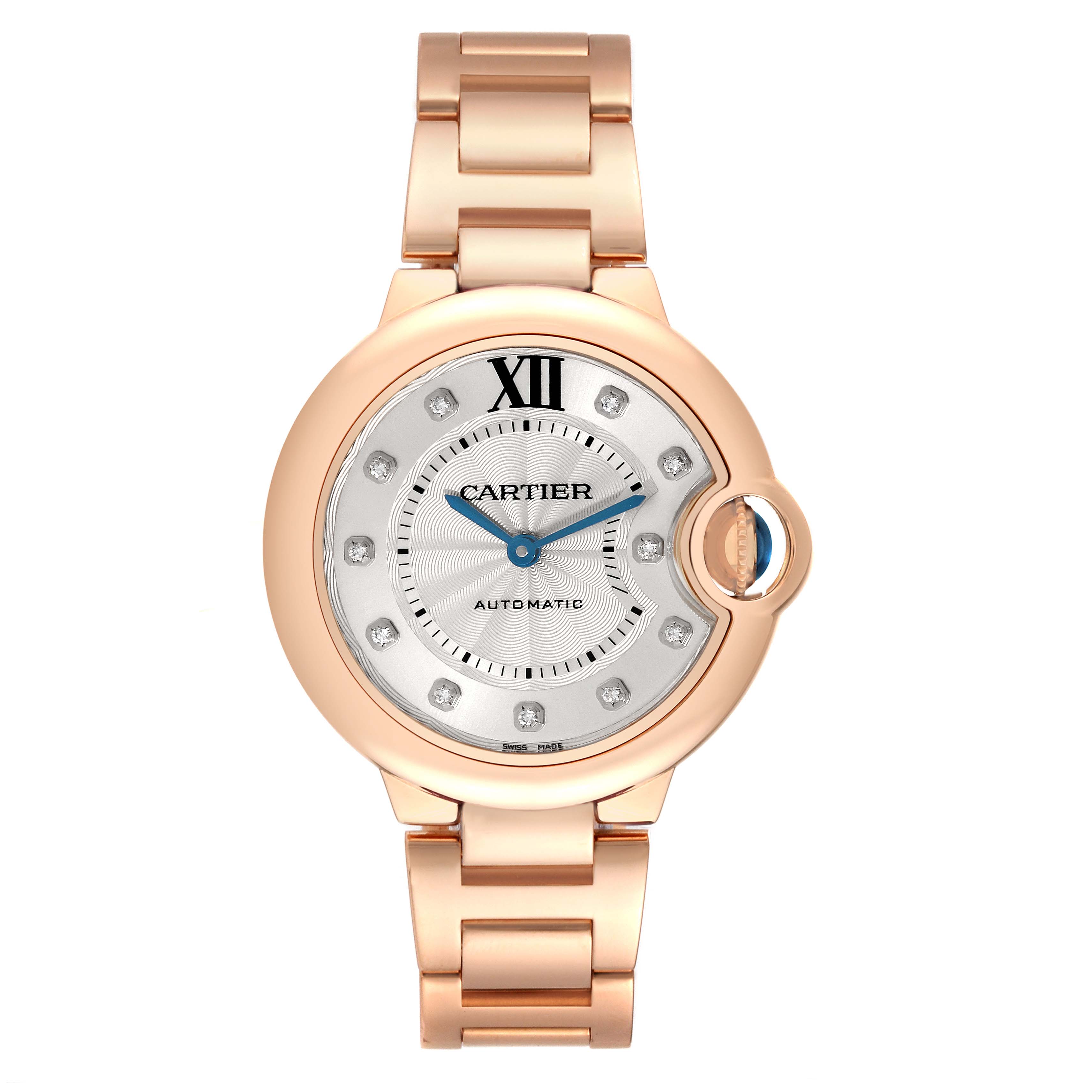 The image shows a front view of the Ballon Bleu model by Cartier, highlighting its round face, bracelet, and distinctive crown.