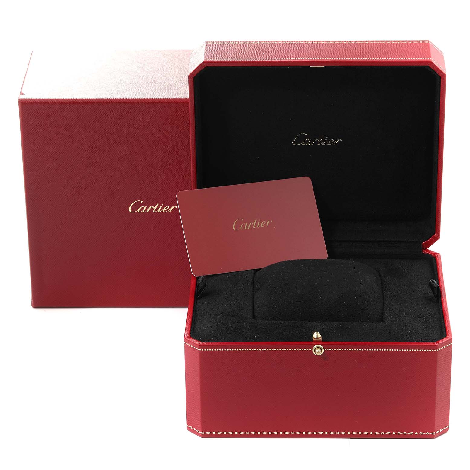 This image shows the packaging and box for the Ballon Bleu model by Cartier, including a red presentation box and authentication card.