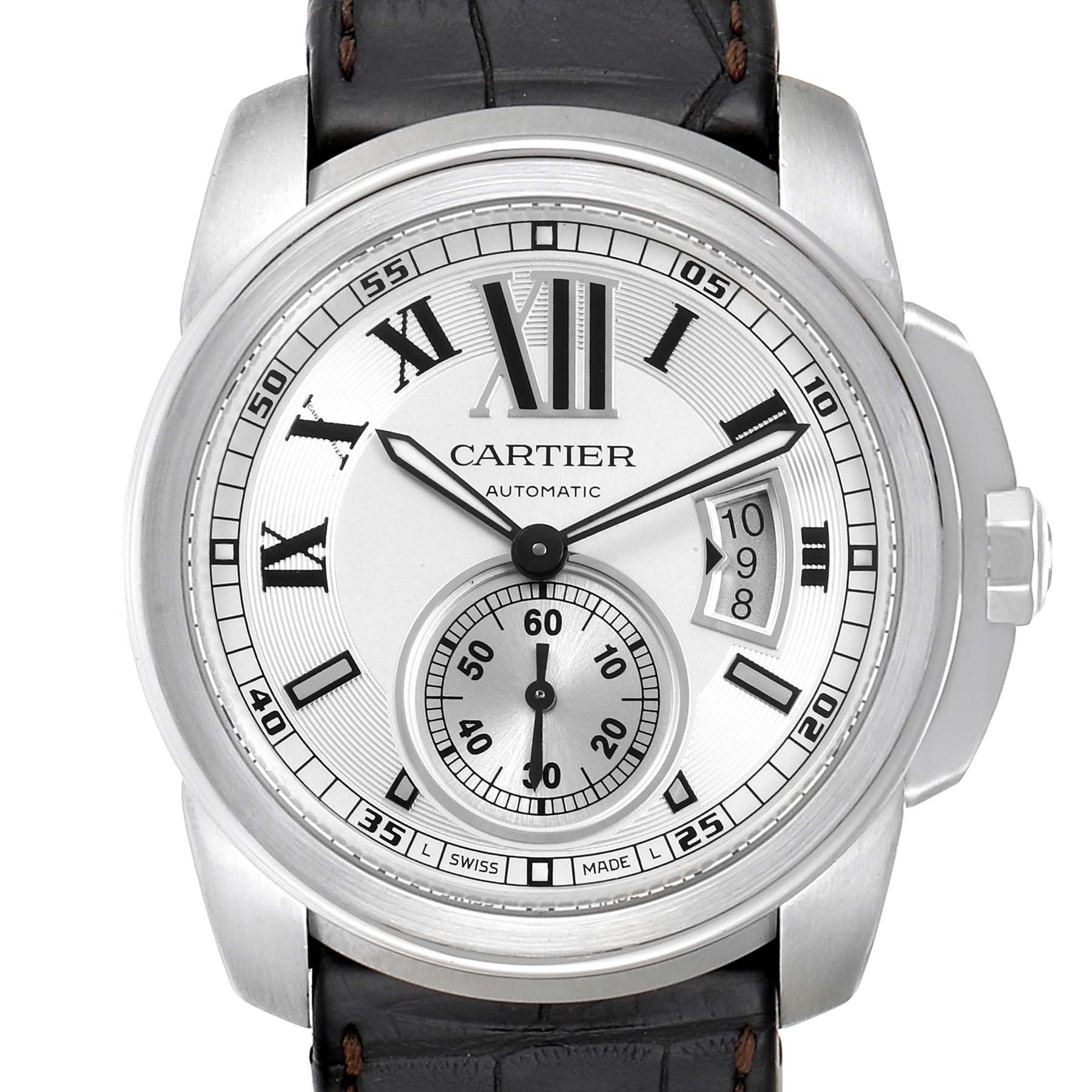 The image shows a front view of the Cartier Calibre de Cartier W7100037 Men's Stainless Steel Silver Dial W7100037 Men's Stainless Steel Silver Dial watch, displaying its face, bezel, and part of the leather strap.