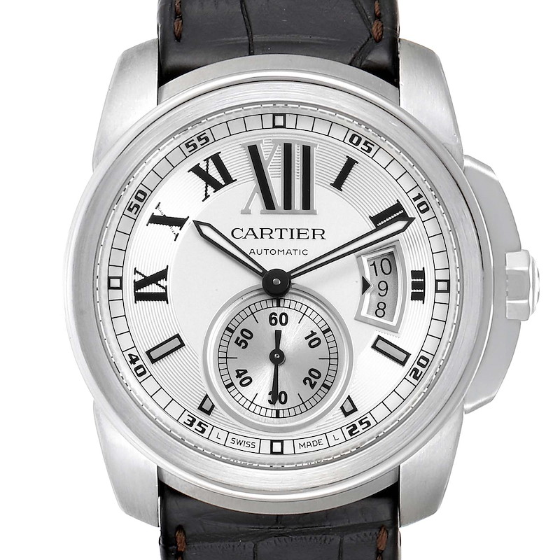 Cartier Calibre Silver Dial Steel Mens Watch W7100037 Box Papers SwissWatchExpo