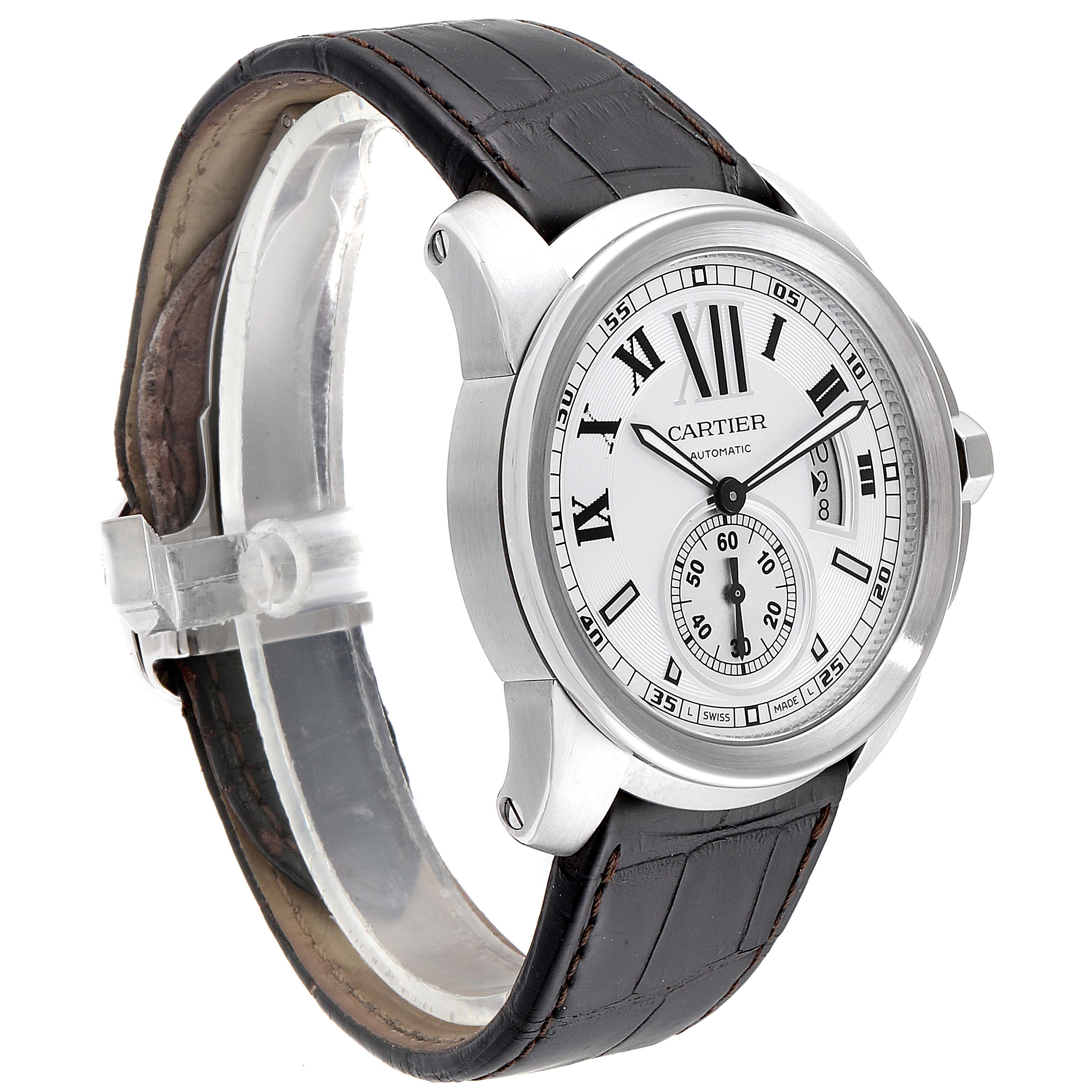 The image shows a side view of a Calibre de Cartier watch by Cartier, highlighting its dial and leather strap.