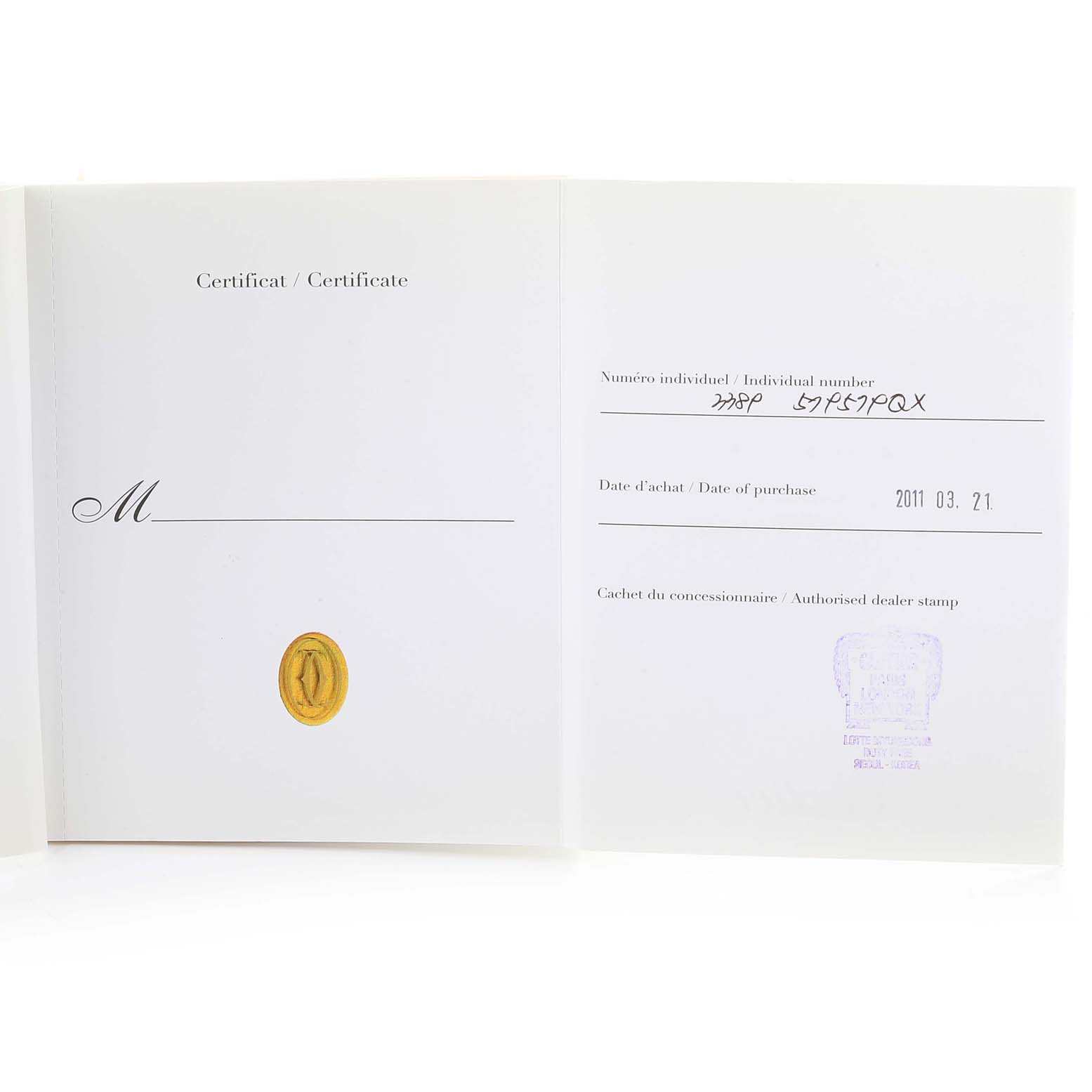 The image shows the certificate booklet for the Calibre de Cartier watch by Cartier, displaying purchase details and a dealer stamp.