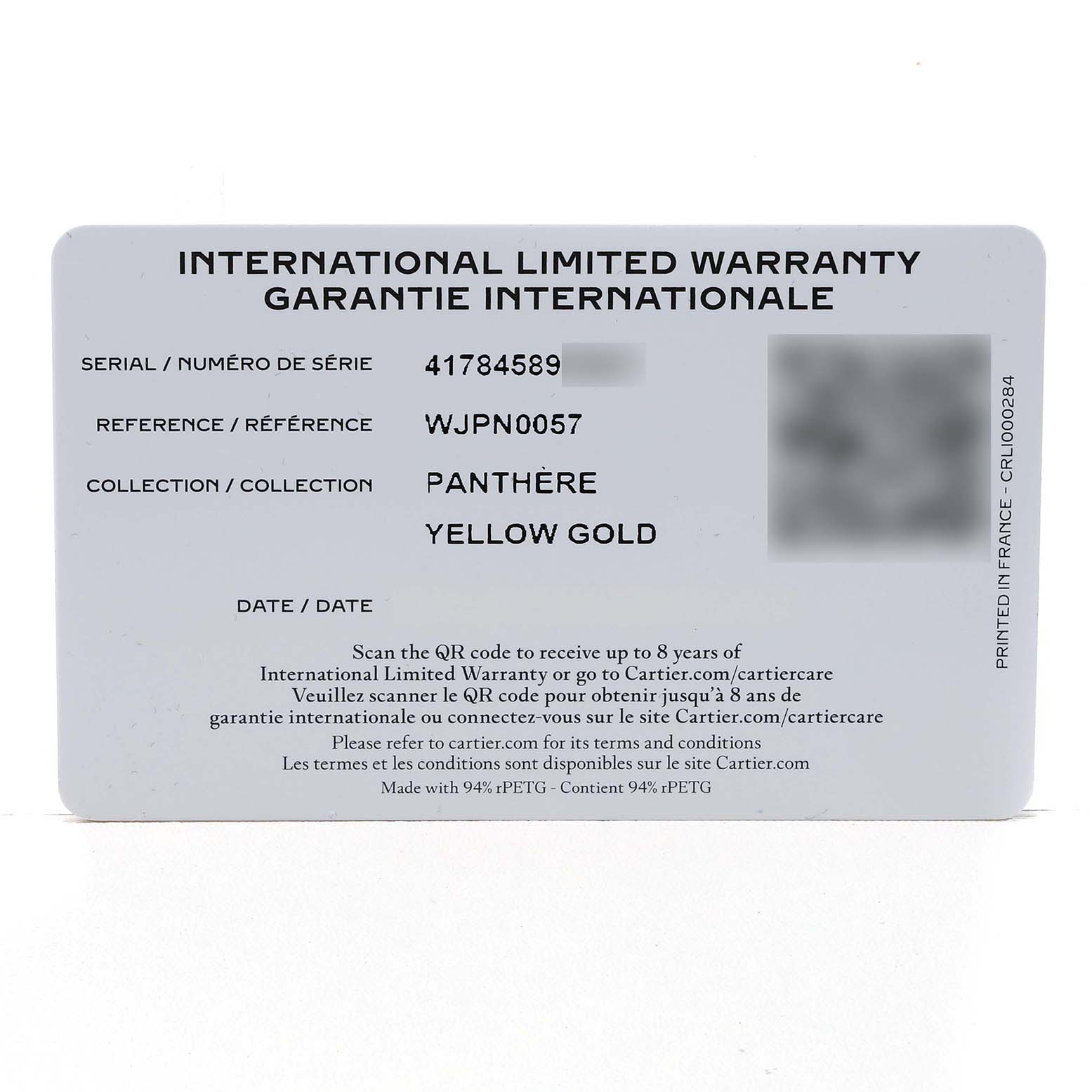 The image shows an International Limited Warranty card for the Cartier Panthère model, detailing the serial, reference, and collection.