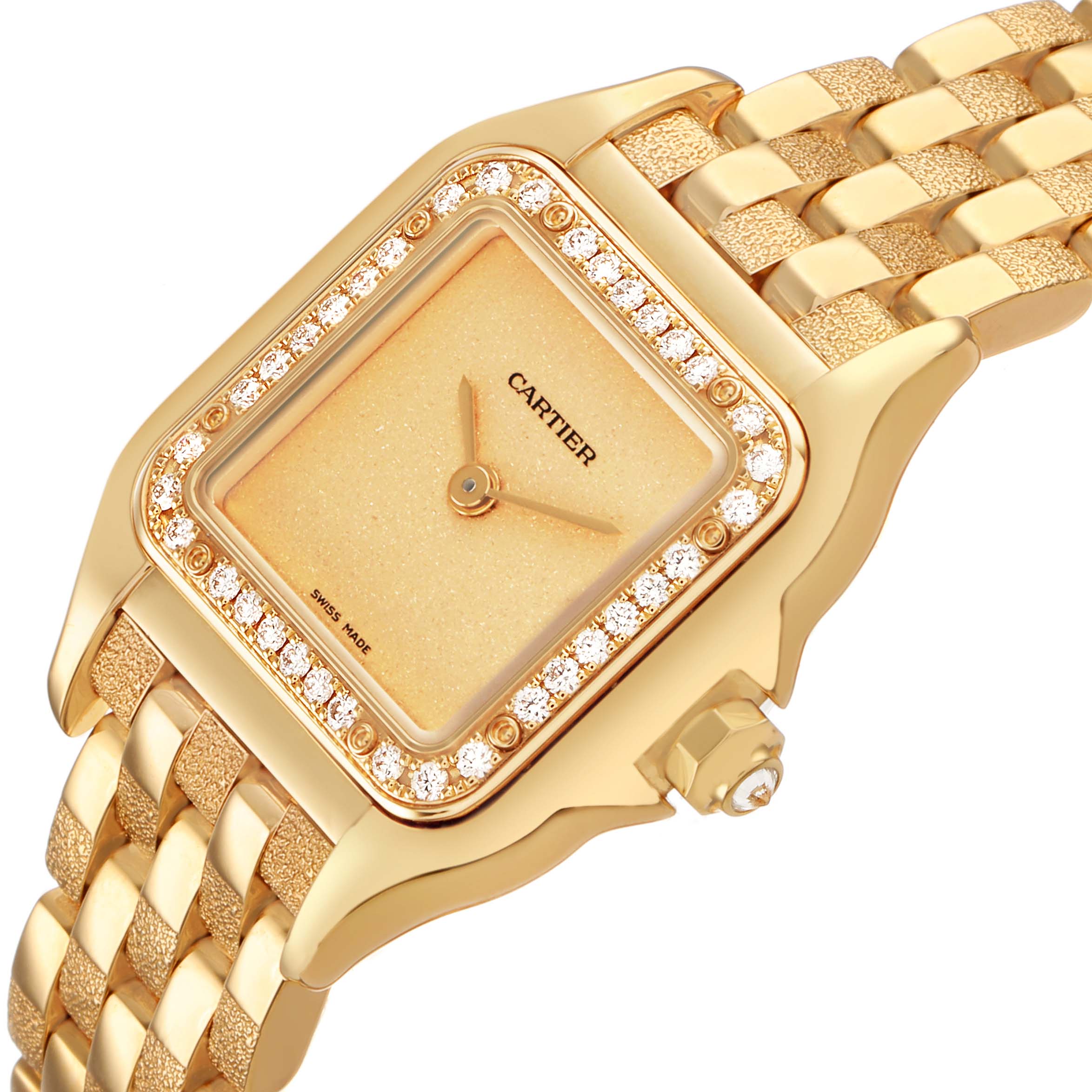 The Cartier Panthere WJPN0057 Women's Yellow Gold Yellow Dial watch is shown at an angled view, highlighting the diamond-studded bezel and gold bracelet.