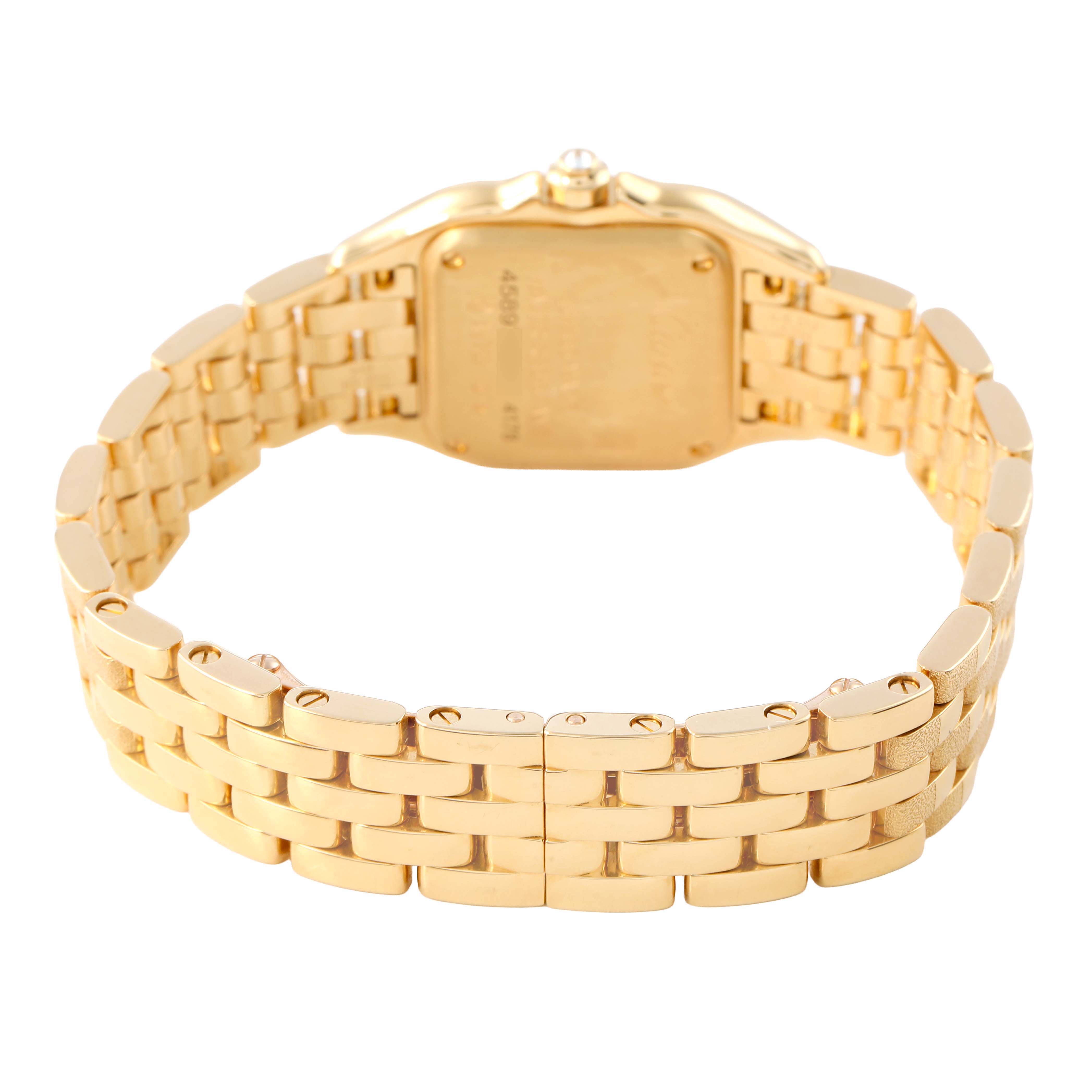 The image shows the back view of a Cartier Panthere WJPN0057 Women's Yellow Gold Yellow Dial watch, highlighting its gold bracelet and clasp.