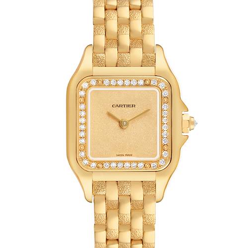 The Cartier Panthere WJPN0057 Women's Yellow Gold Yellow Dial watch is shown from the front, highlighting its gold bracelet and diamond-set bezel.