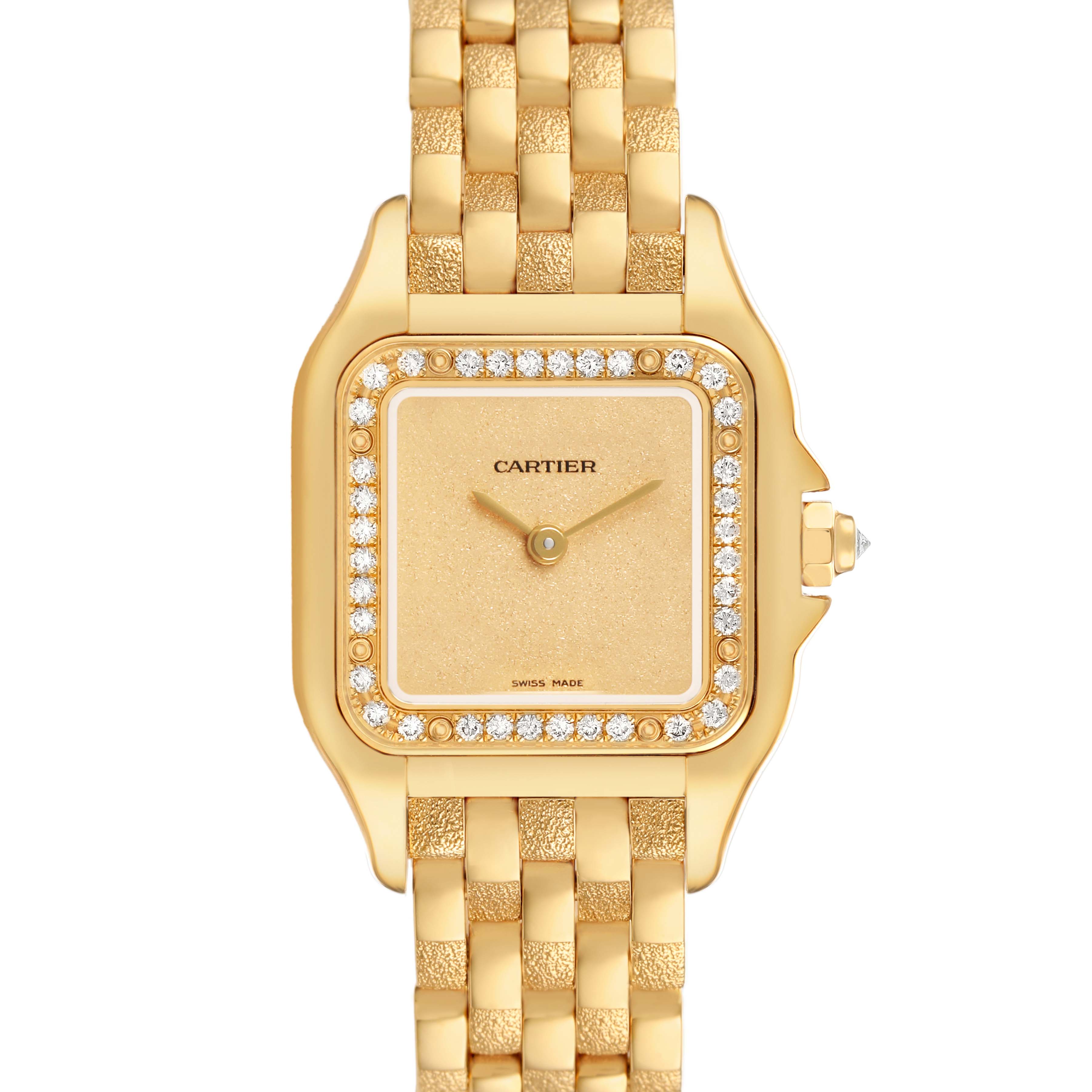 The Cartier Panthère watch is shown from a top-down angle, displaying its gold case, diamond bezel, and link bracelet.