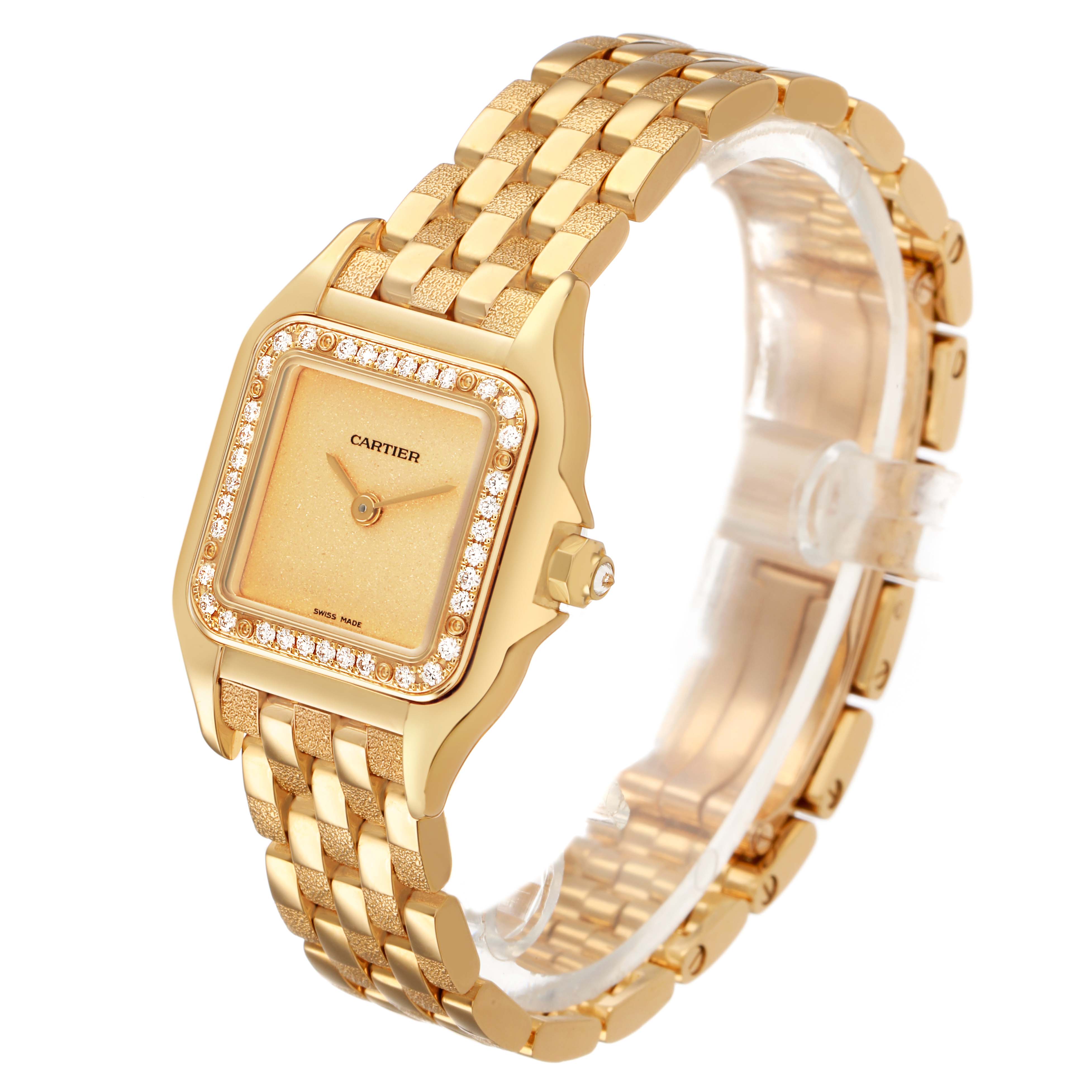 The Cartier Panthere WJPN0057 Women's Yellow Gold Yellow Dial watch is shown from a three-quarter angle, highlighting its gold face, diamond bezel, and gold link bracelet.