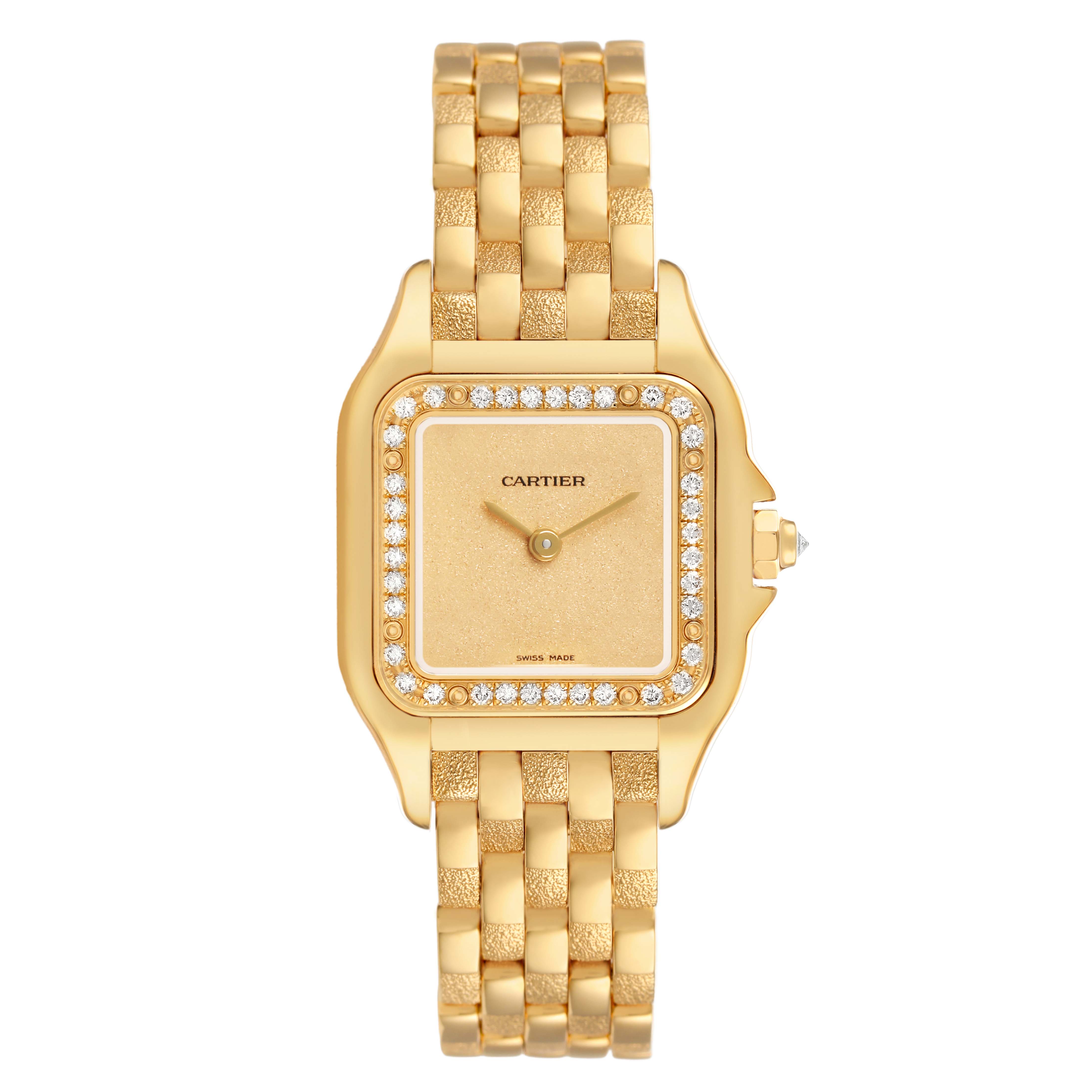 The image shows a frontal view of the Cartier Panthère watch, highlighting its gold bracelet and diamond-encrusted square bezel.