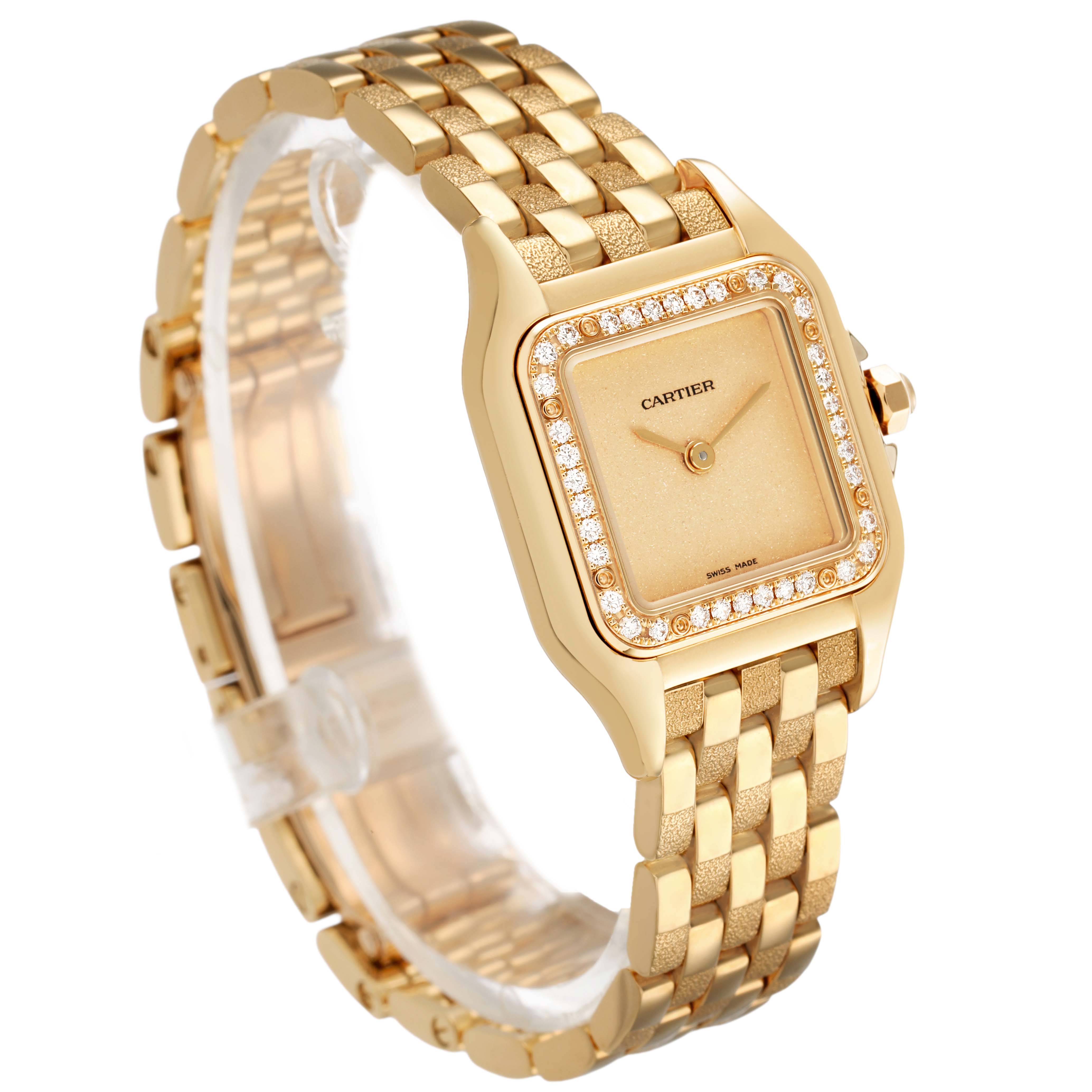 The Cartier Panthere WJPN0057 Women's Yellow Gold Yellow Dial watch is shown at a three-quarter angle, highlighting its gold bracelet and diamond-accented bezel.