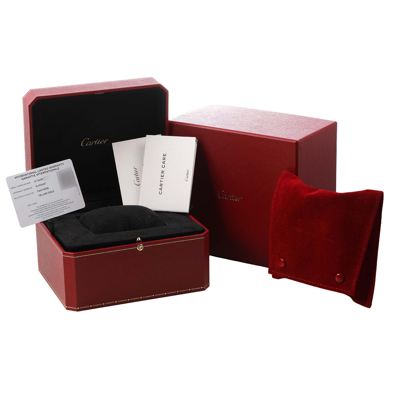The Cartier Panthere WJPN0057 Women's Yellow Gold Yellow Dial watch accessories include a red box, warranty card, care booklet, and red velvet pouch, shown from a front angle.
