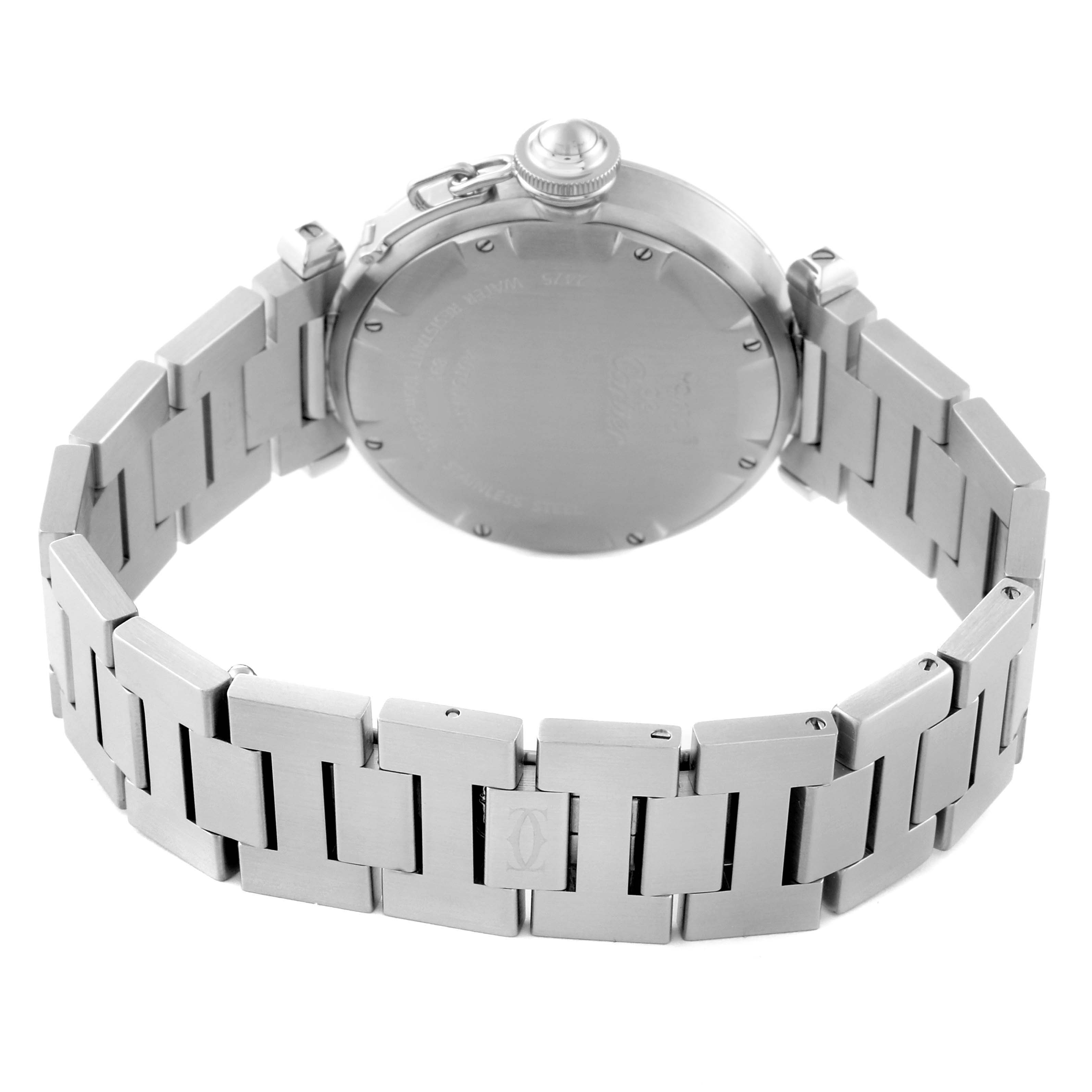 This image shows the back and bracelet of a Cartier Pasha W31044M7 Men's Stainless Steel White Dial W31044M7 Men's Stainless Steel White Dial watch from a rear angle.