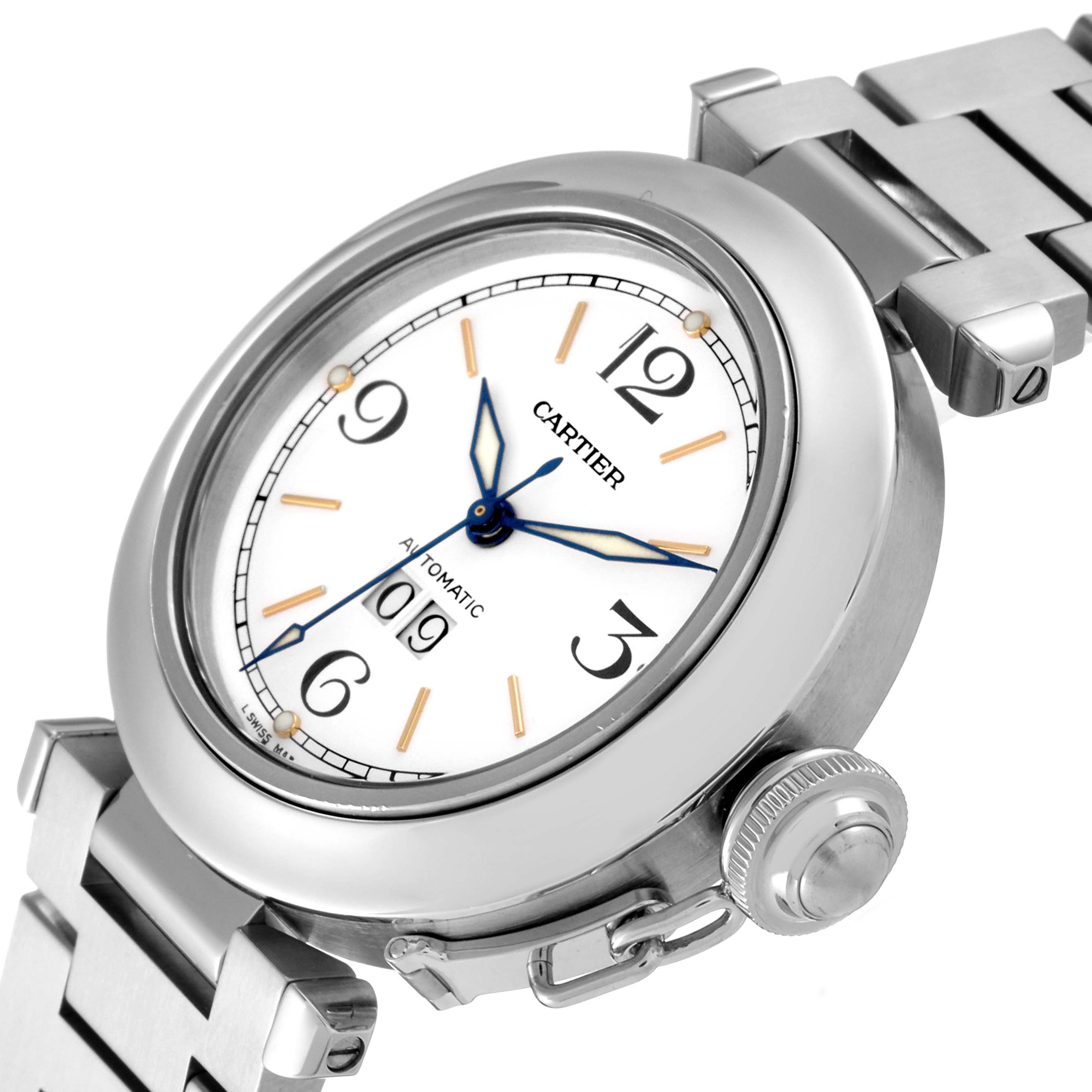 The image shows a close-up of the Cartier Pasha W31044M7 Men's Stainless Steel White Dial W31044M7 Men's Stainless Steel White Dial watch, focusing on the dial, crown, and part of the bracelet from a side angle.