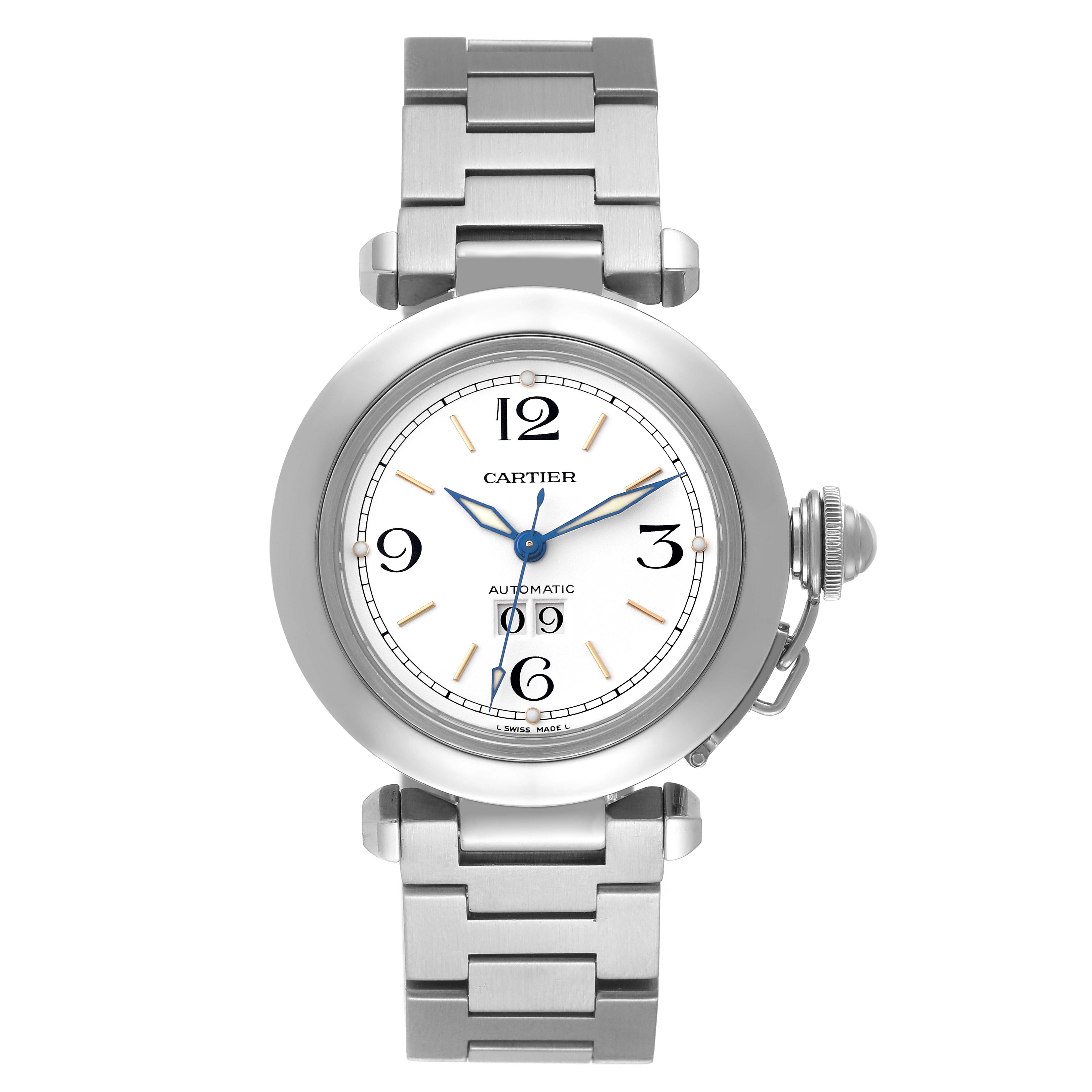 The image shows a front view of a Cartier Pasha W31044M7 Men's Stainless Steel White Dial W31044M7 Men's Stainless Steel White Dial watch, featuring its round face, silver bracelet, and crown lock.