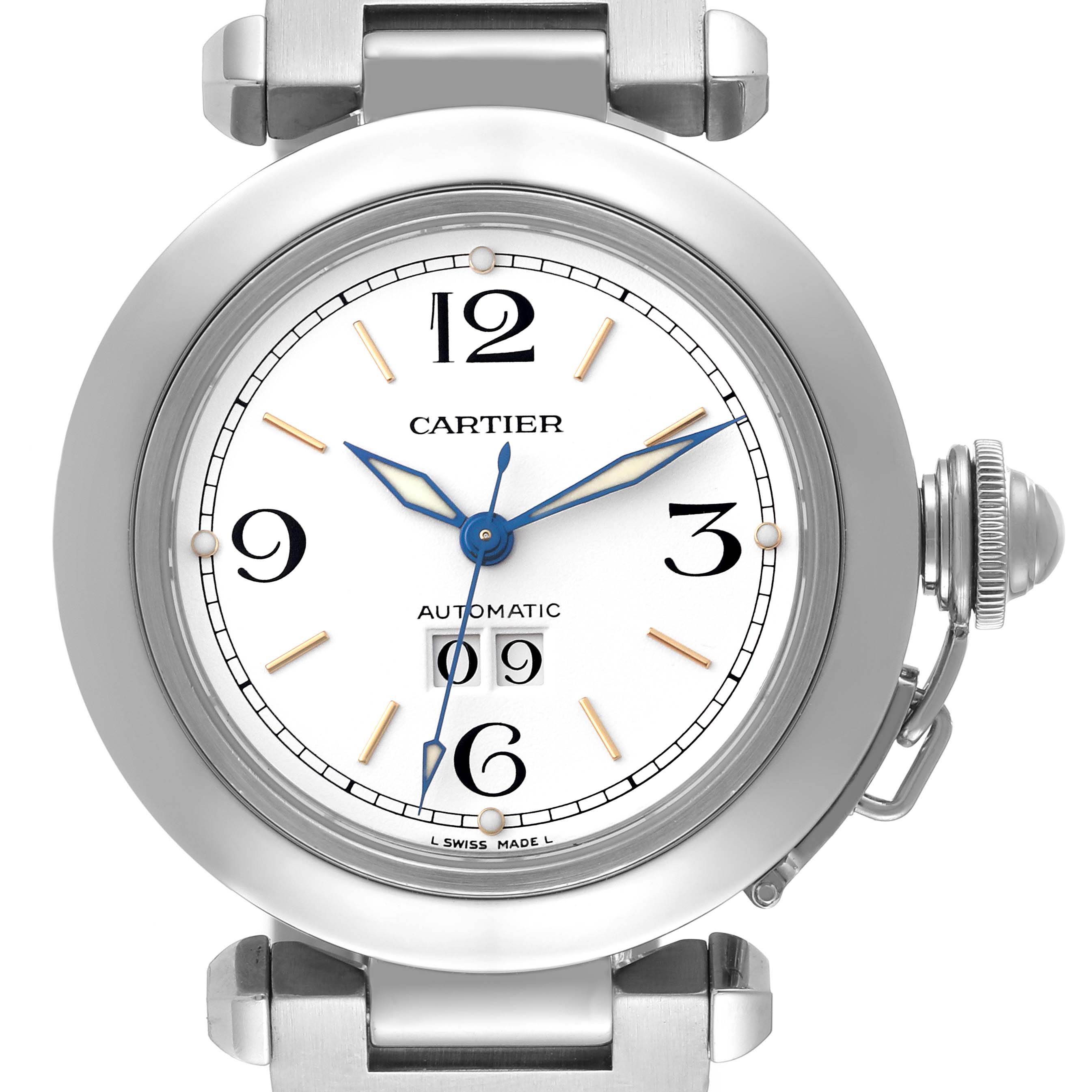This image shows the front dial, bezel, and crown of the Cartier Pasha W31044M7 Men's Stainless Steel White Dial W31044M7 Men's Stainless Steel White Dial watch.