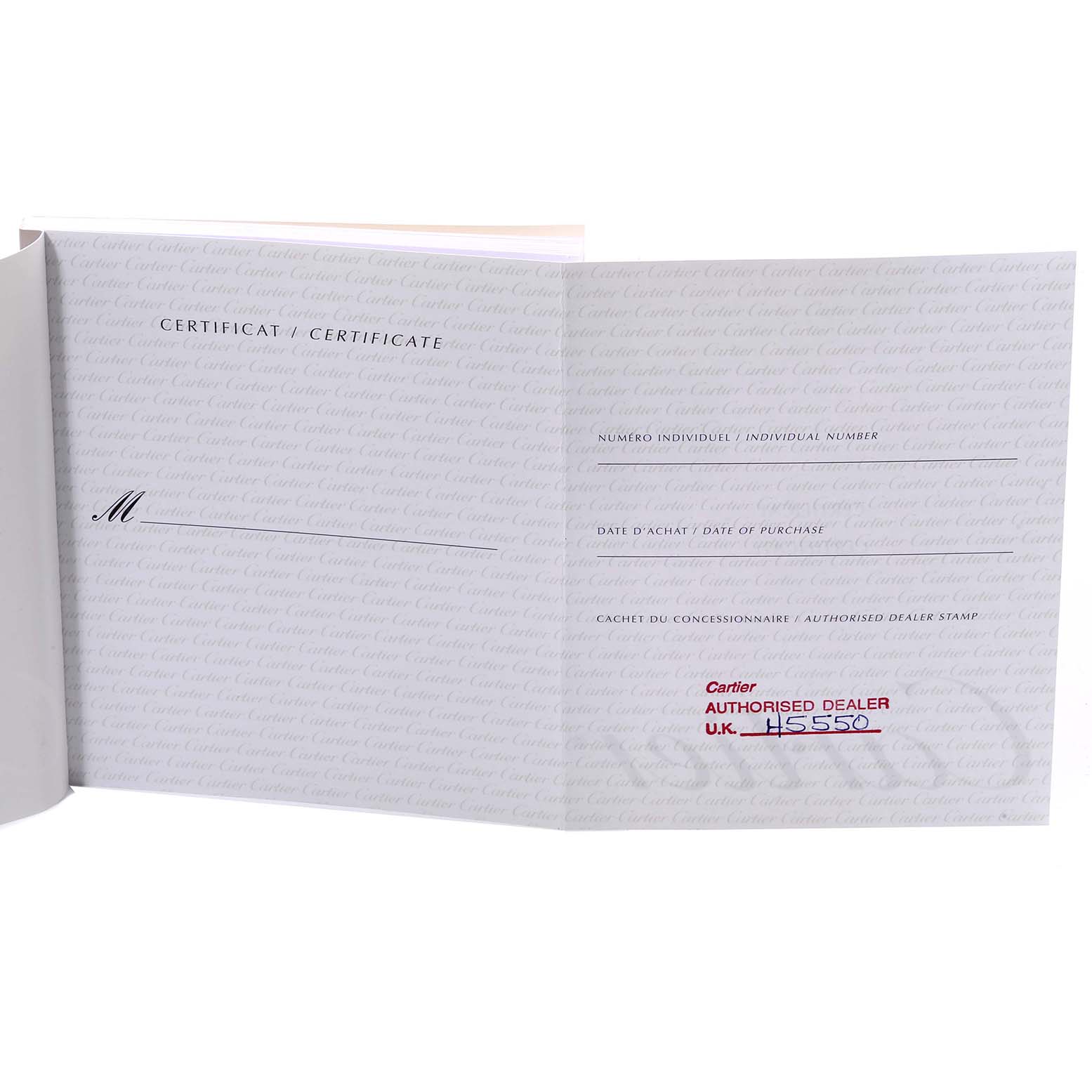 The image shows the open certificate or warranty booklet for the Cartier Pasha W31044M7 Men's Stainless Steel White Dial W31044M7 Men's Stainless Steel White Dial model watch with dealer information.