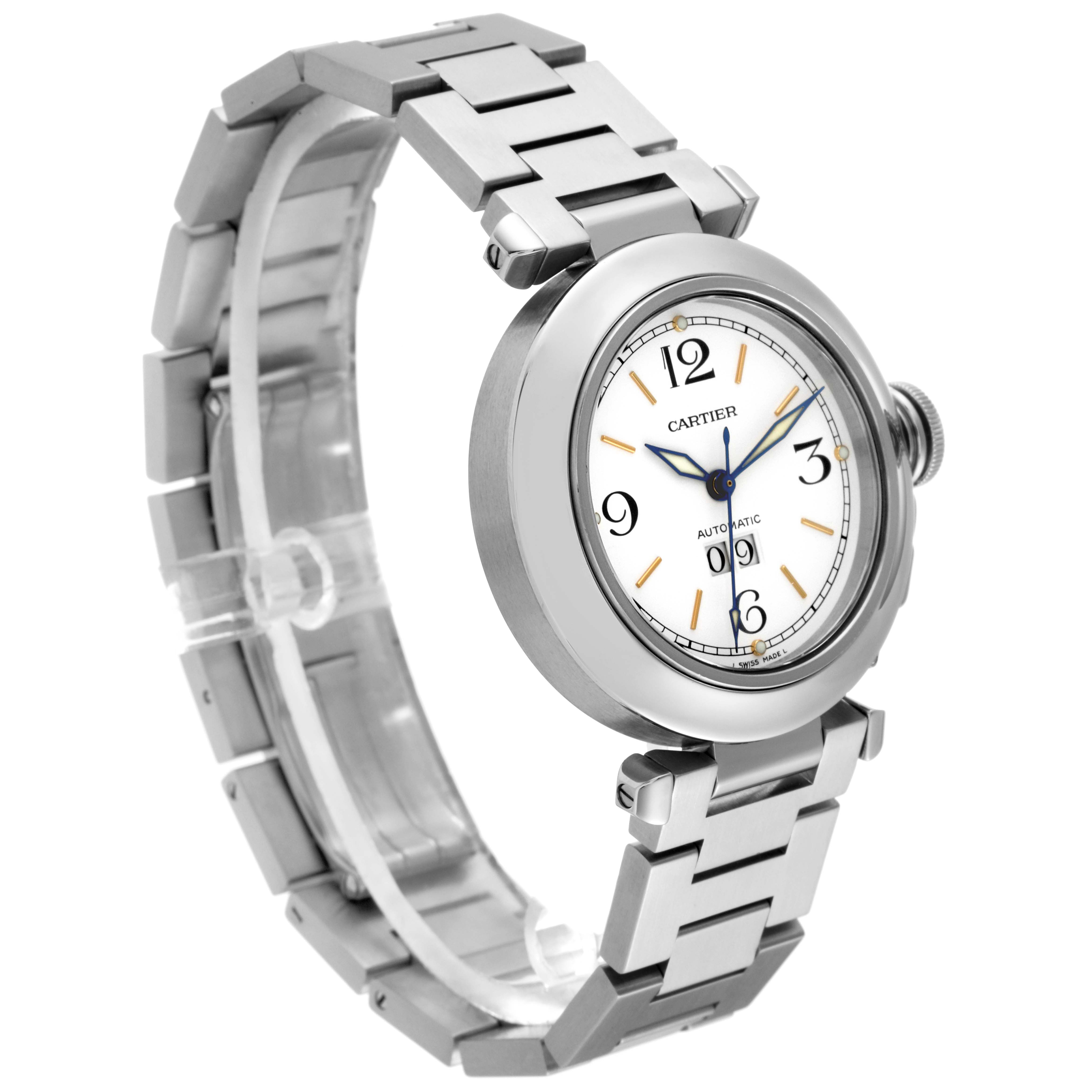 The image shows a silver Cartier Pasha W31044M7 Men's Stainless Steel White Dial W31044M7 Men's Stainless Steel White Dial watch, angled to display the face, bezel, bracelet, and crown.