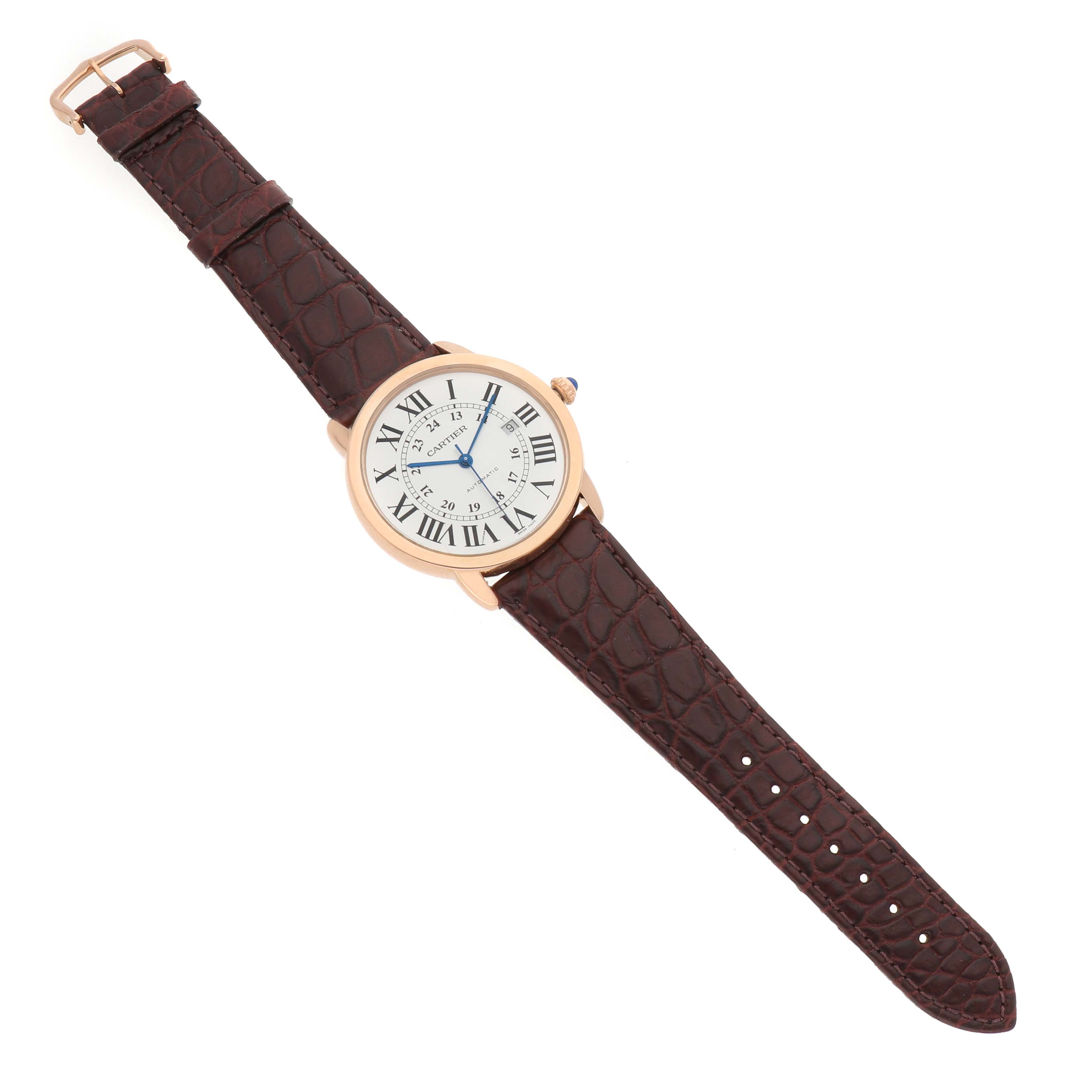 The Cartier Ronde W6701009 Men's Steel and Gold (two tone) Silver Dial watch is shown at a slight angle, showcasing the round face, Roman numerals, hands, and textured leather strap.