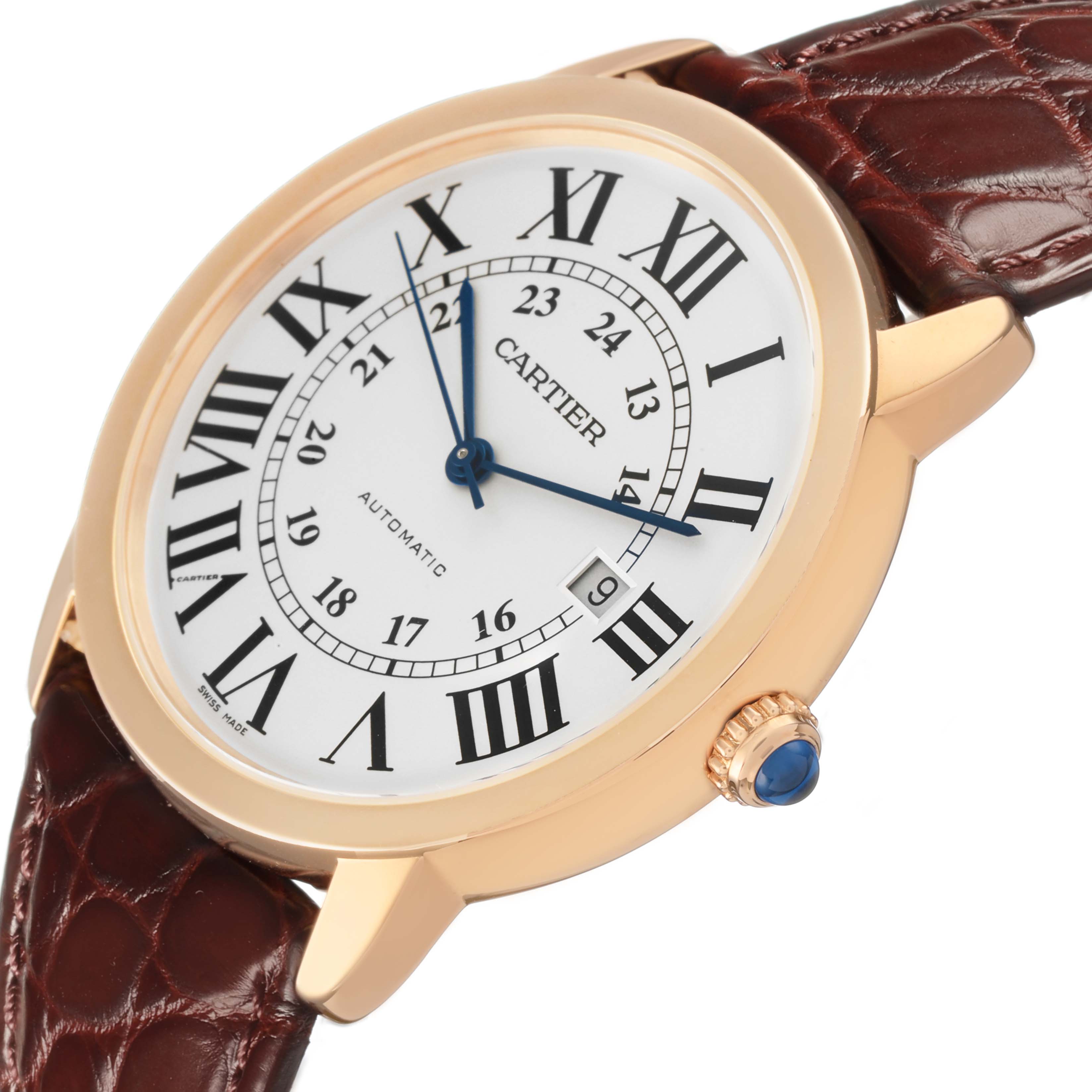 The Cartier Ronde W6701009 Men's Steel and Gold (two tone) Silver Dial watch is shown at an angle highlighting its face, Roman numerals, leather strap, and sapphire cabochon crown.