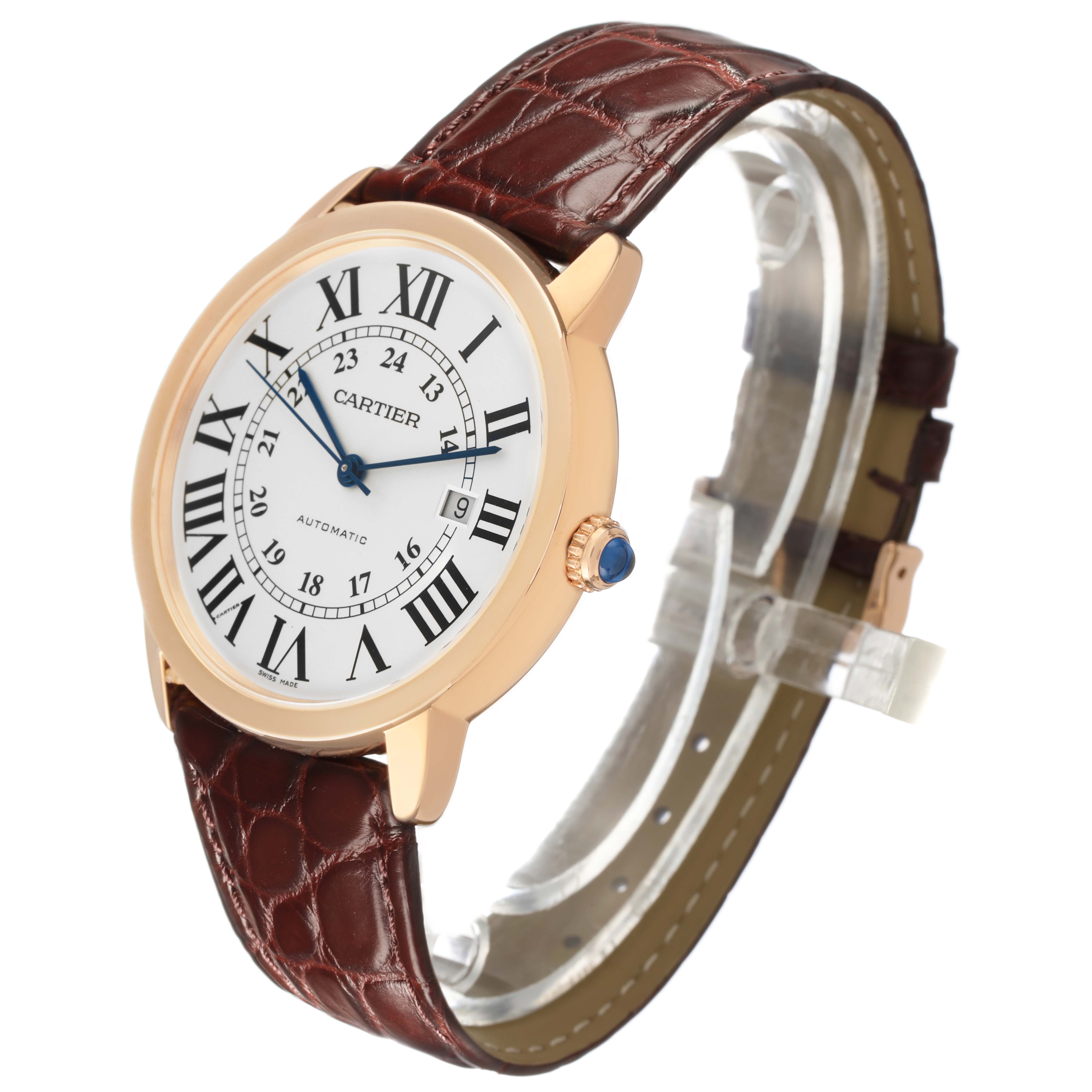 The Cartier Ronde W6701009 Men's Steel and Gold (two tone) Silver Dial watch is shown at a three-quarter angle, highlighting the face, case, strap, and crown.