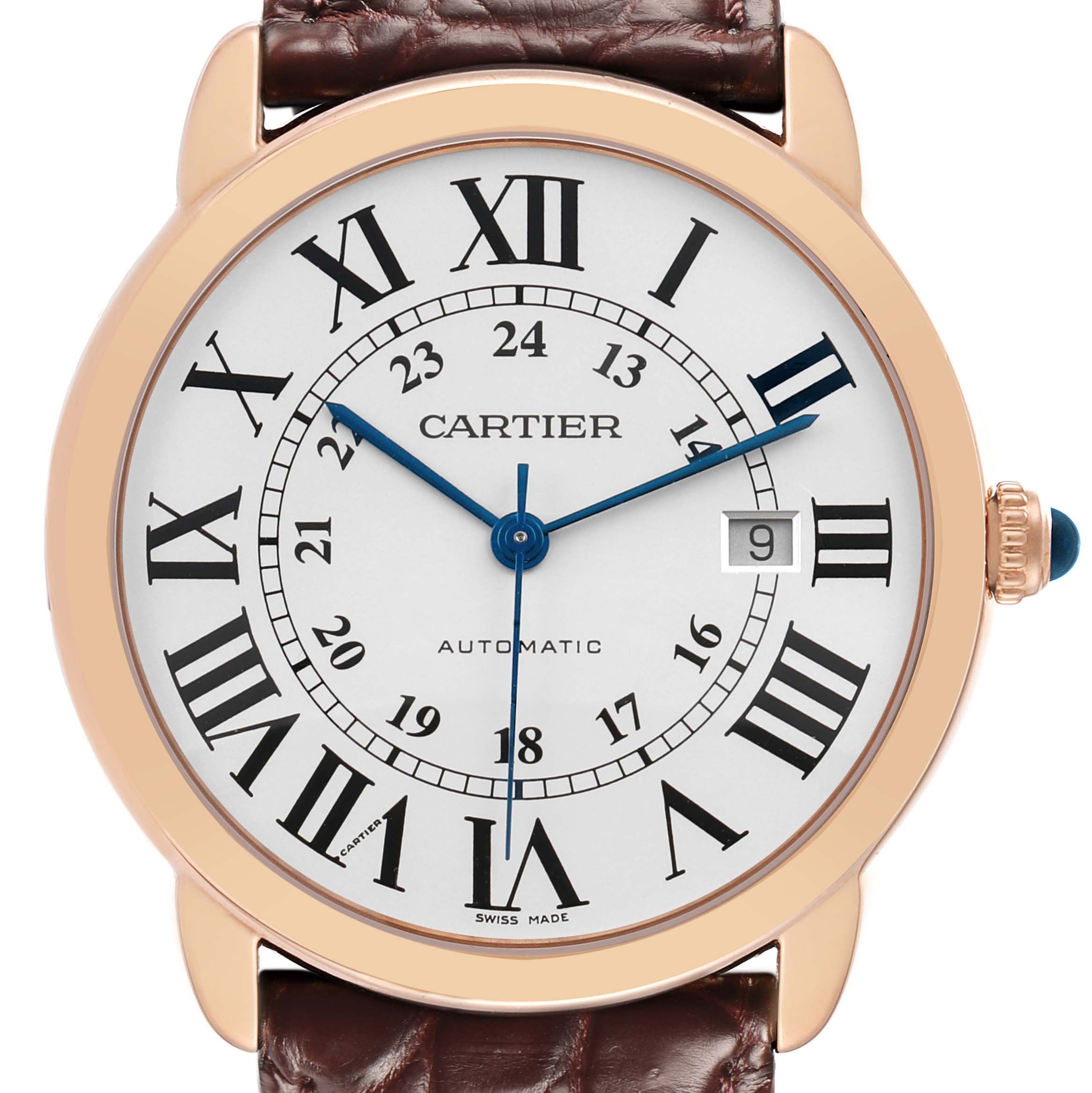 The Cartier Ronde W6701009 Men's Steel and Gold (two tone) Silver Dial watch is shown from the front, displaying the dial, Roman numerals, hands, and date window.