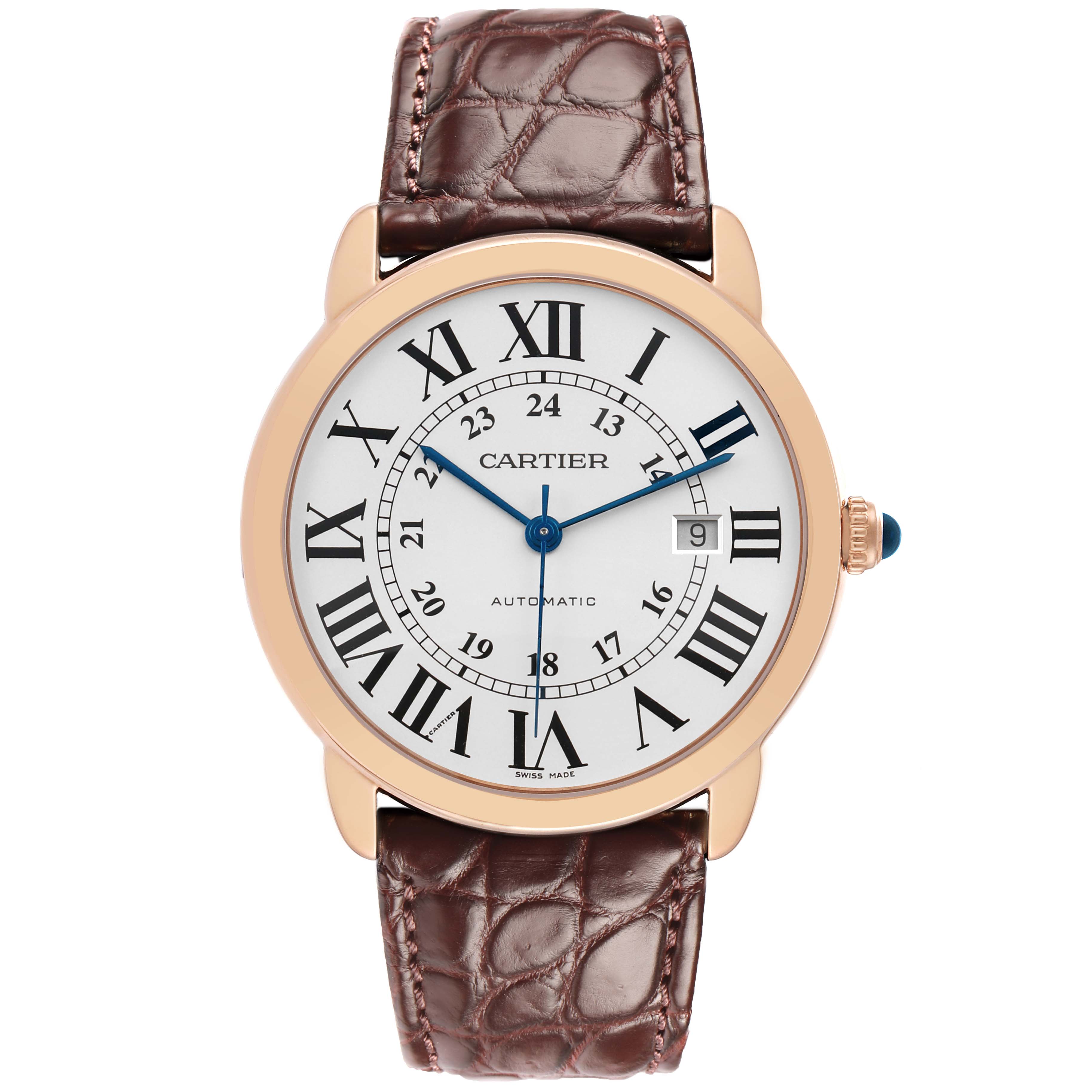 The Cartier Ronde W6701009 Men's Steel and Gold (two tone) Silver Dial watch is shown from the front, displaying the dial, Roman numerals, hands, date window, and brown leather strap.