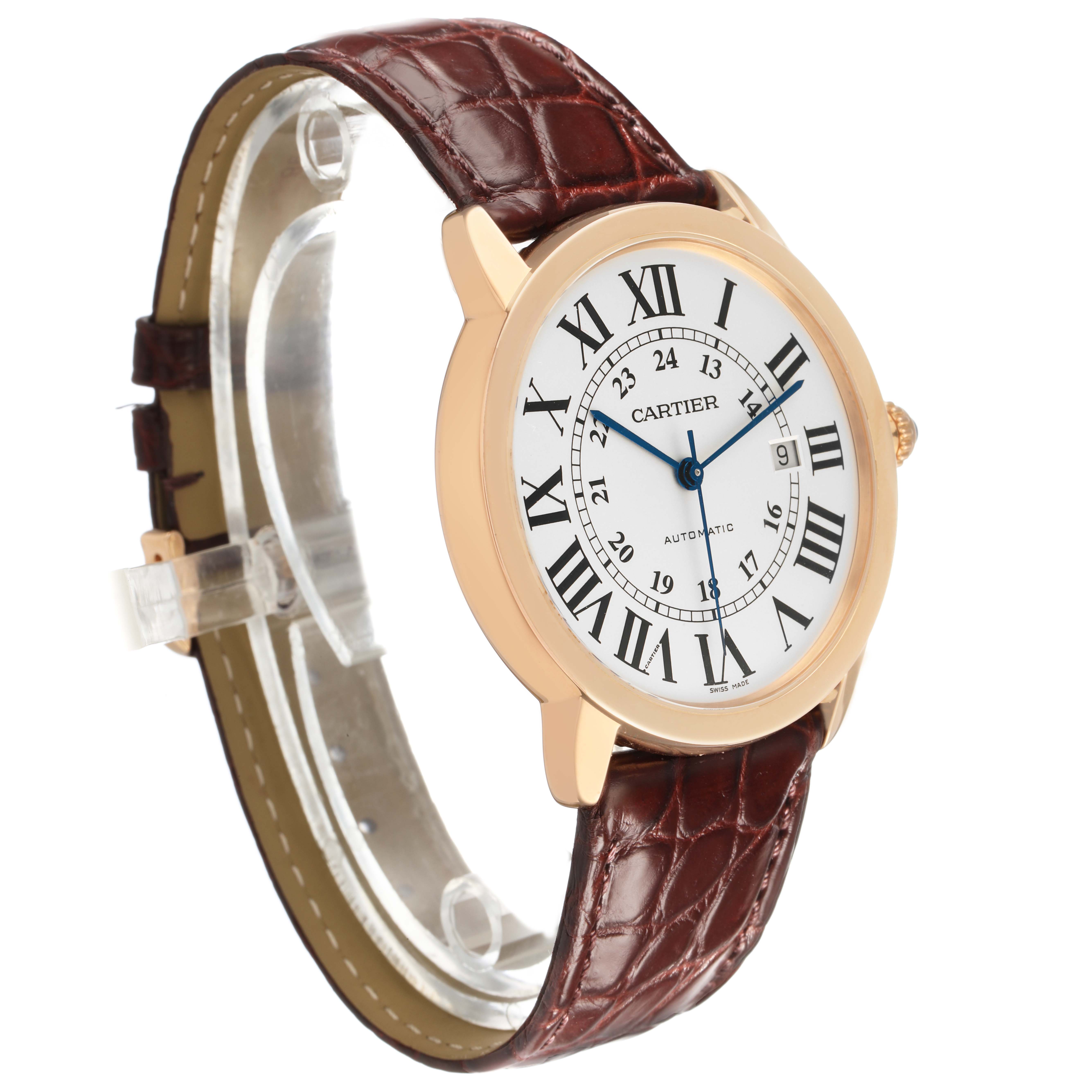 The Cartier Ronde W6701009 Men's Steel and Gold (two tone) Silver Dial watch is shown at a slight side angle, displaying the face, Roman numerals, and brown leather strap.