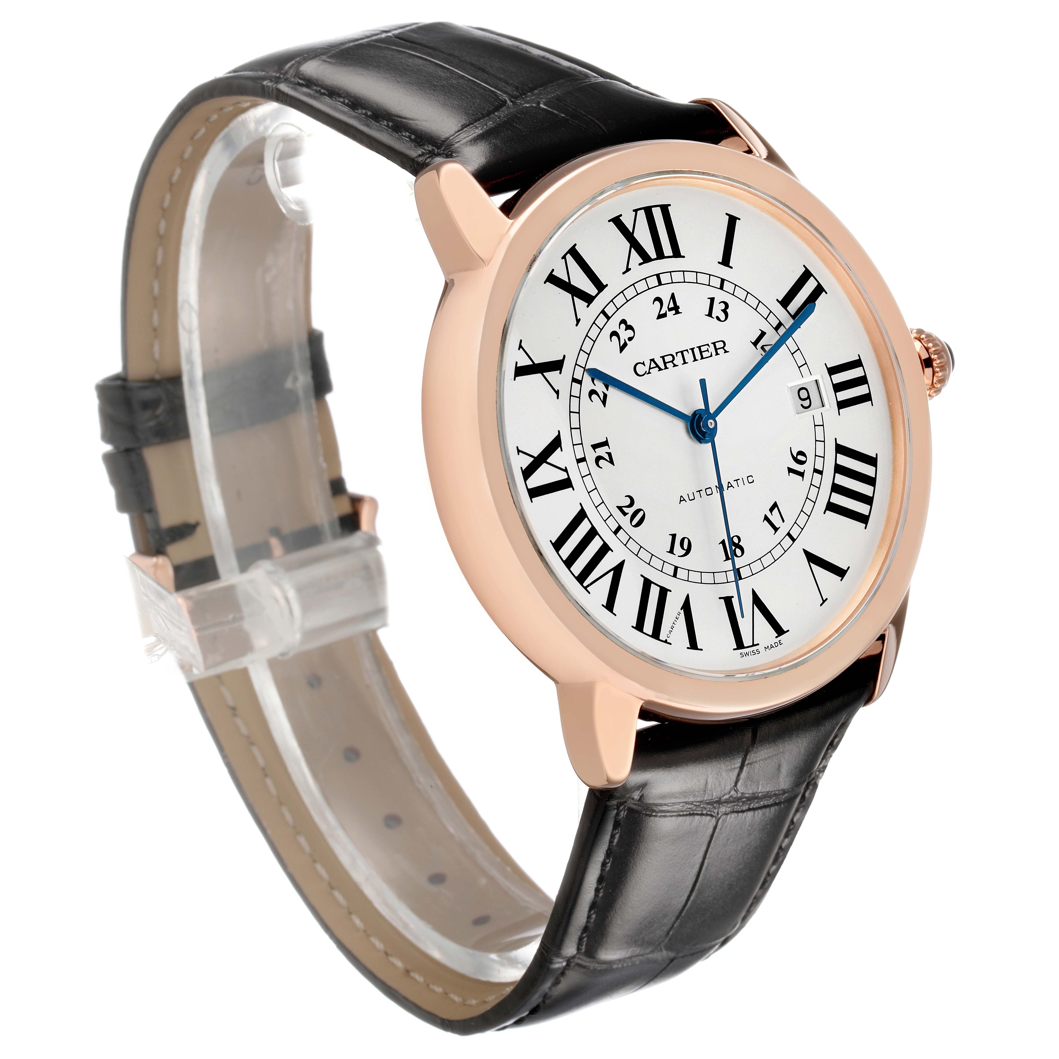 The Cartier Ronde W6701009 Men's Rose Gold Silver Dial watch is shown at a three-quarter angle, displaying the face, bezel, crown, and part of the leather strap.