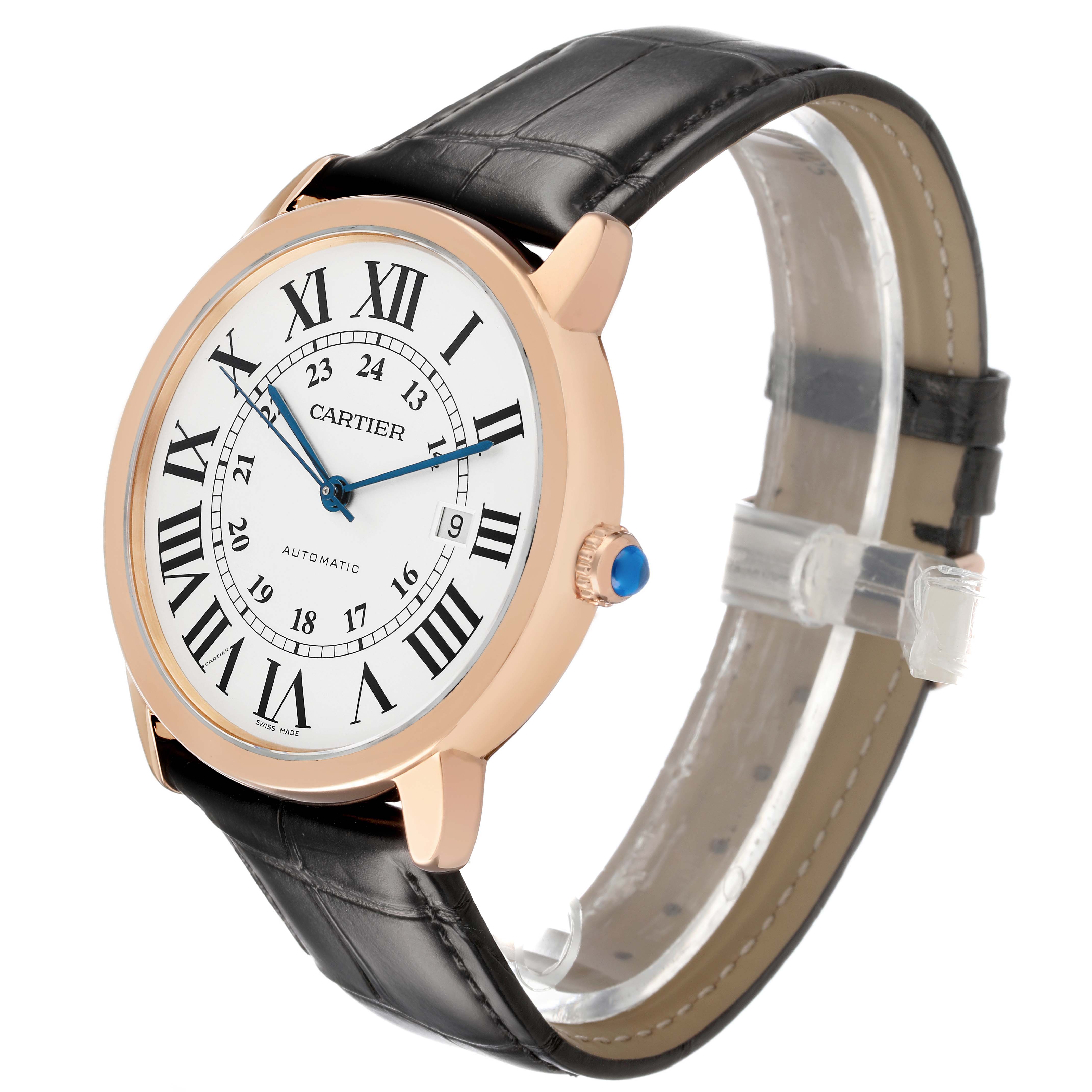 The Ronde model by Cartier is shown at a slight side angle, displaying the face, Roman numeral dial, and leather strap.