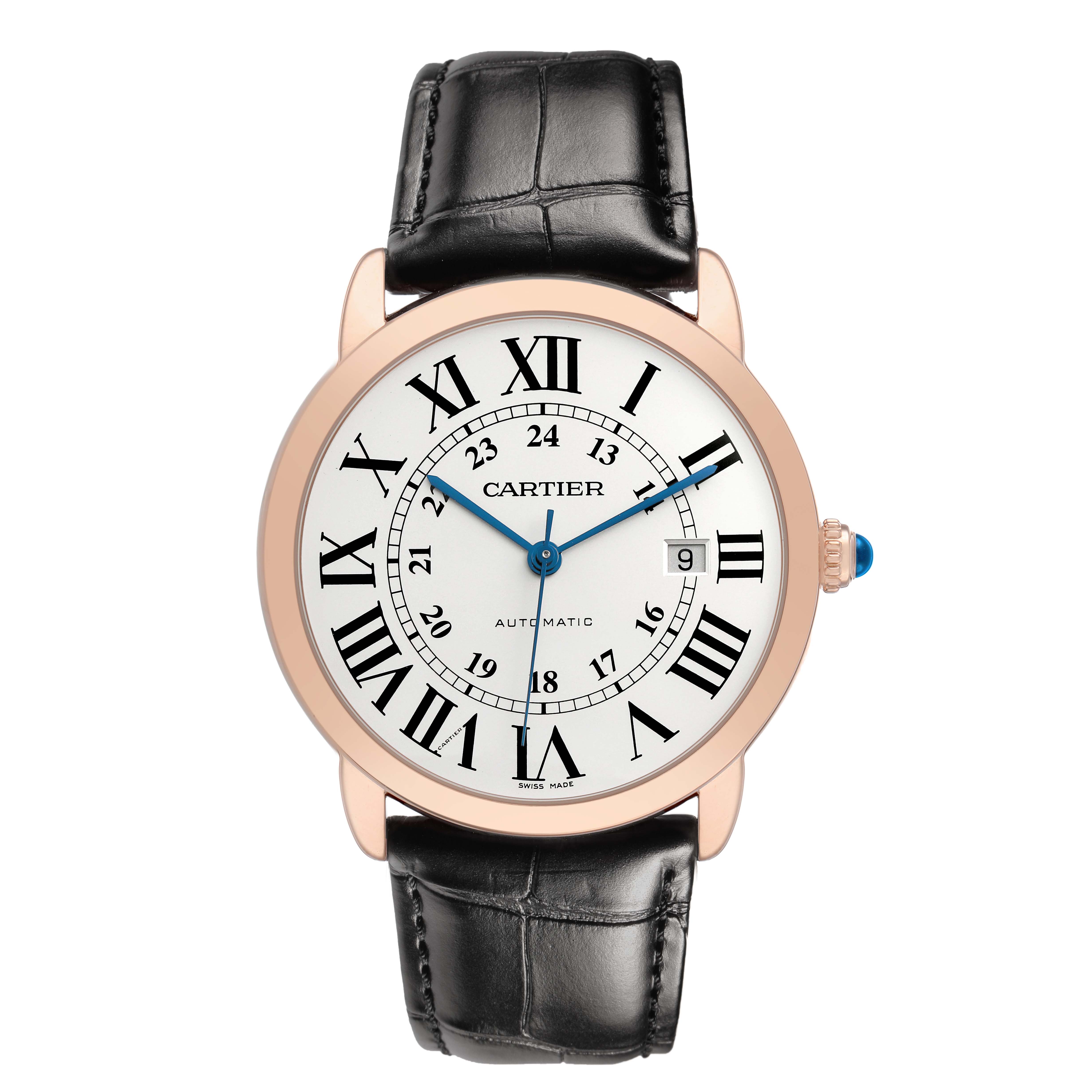 The Cartier Ronde W6701009 Men's Rose Gold Silver Dial watch is shown from the front, highlighting the dial, hands, Roman numerals, and date window.