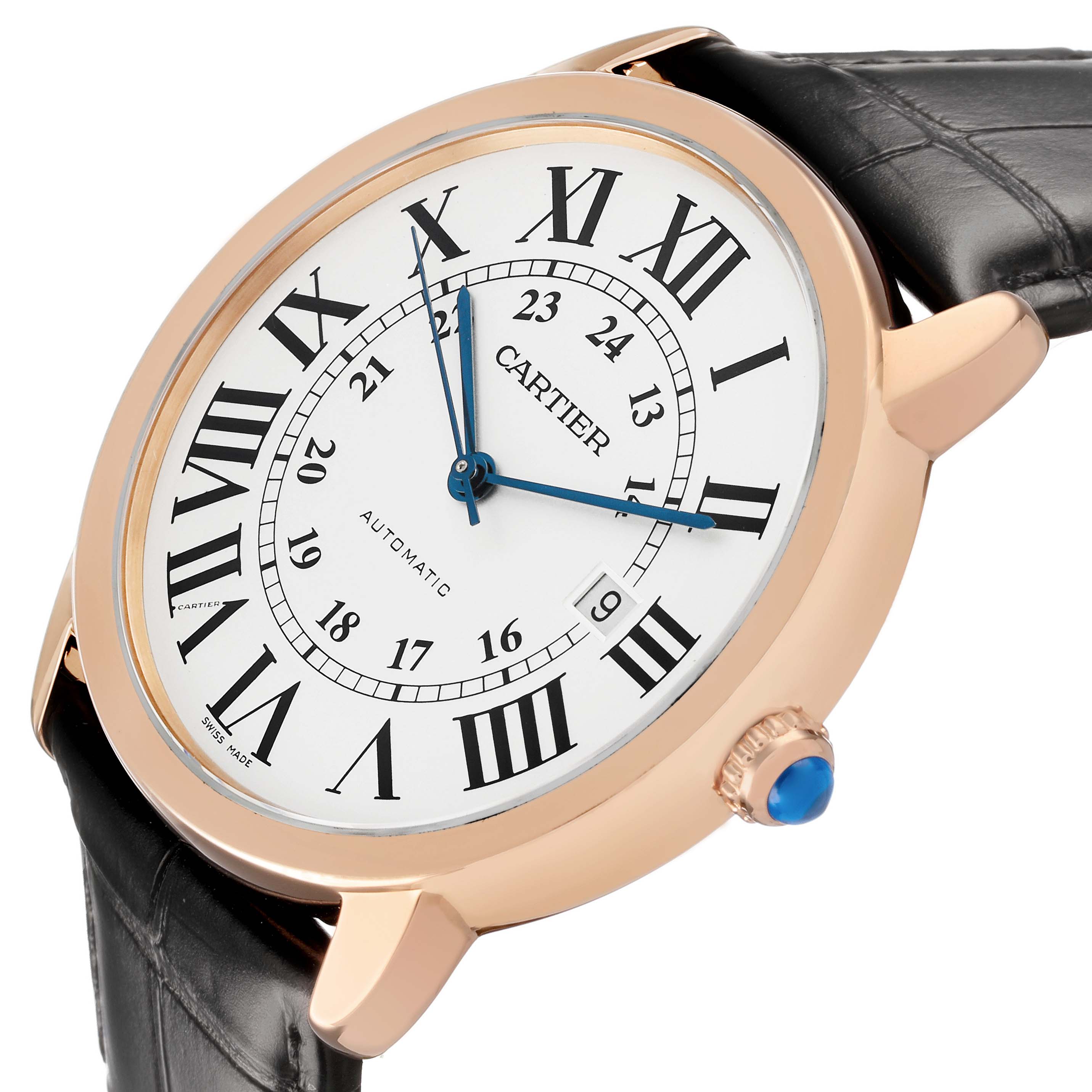 The Cartier Ronde W6701009 Men's Rose Gold Silver Dial watch is shown from a side angle, displaying the face, Roman numerals, hands, case, and crown.