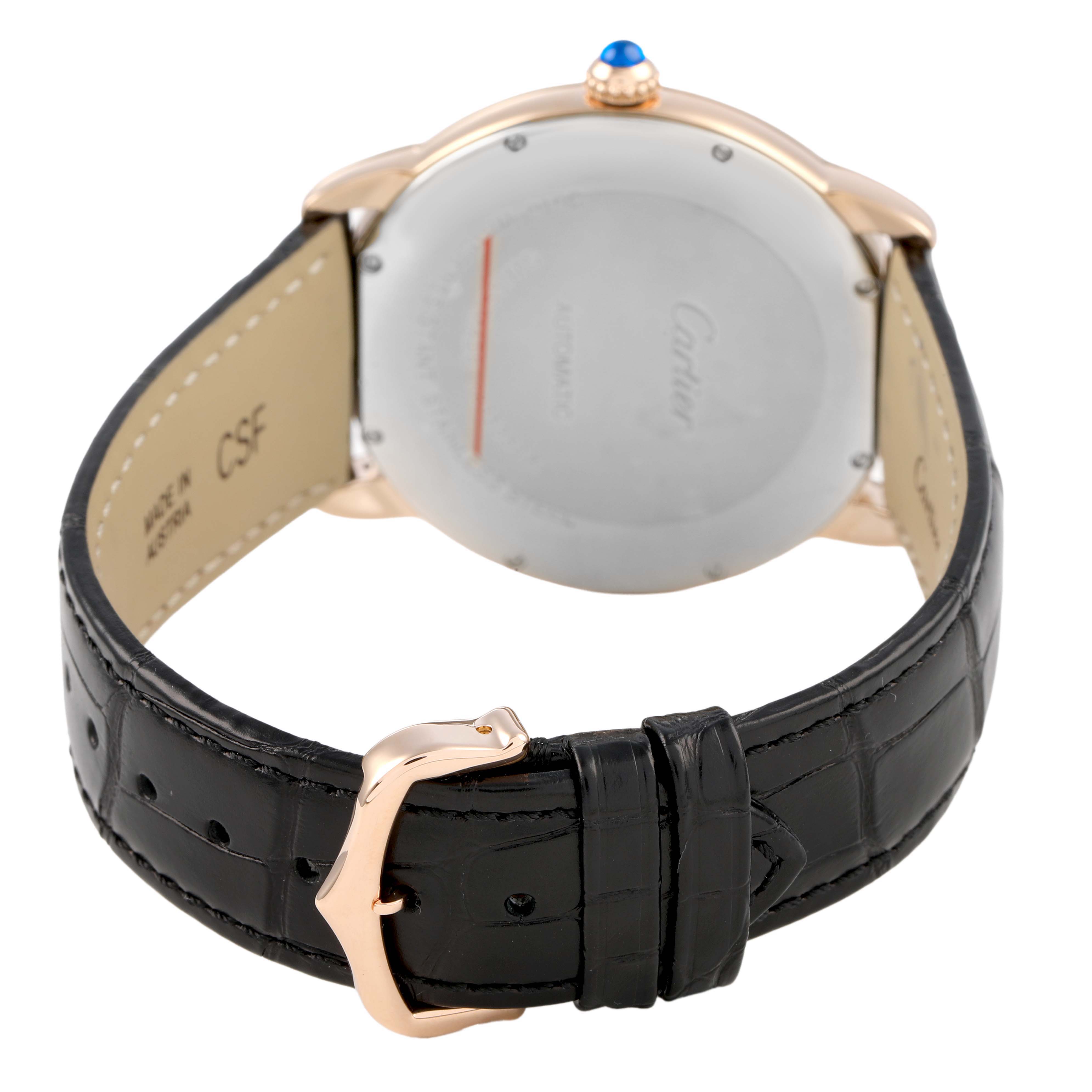 The image shows the back view of the Cartier Ronde W6701009 Men's Rose Gold Silver Dial model, highlighting the case back, strap, and buckle.