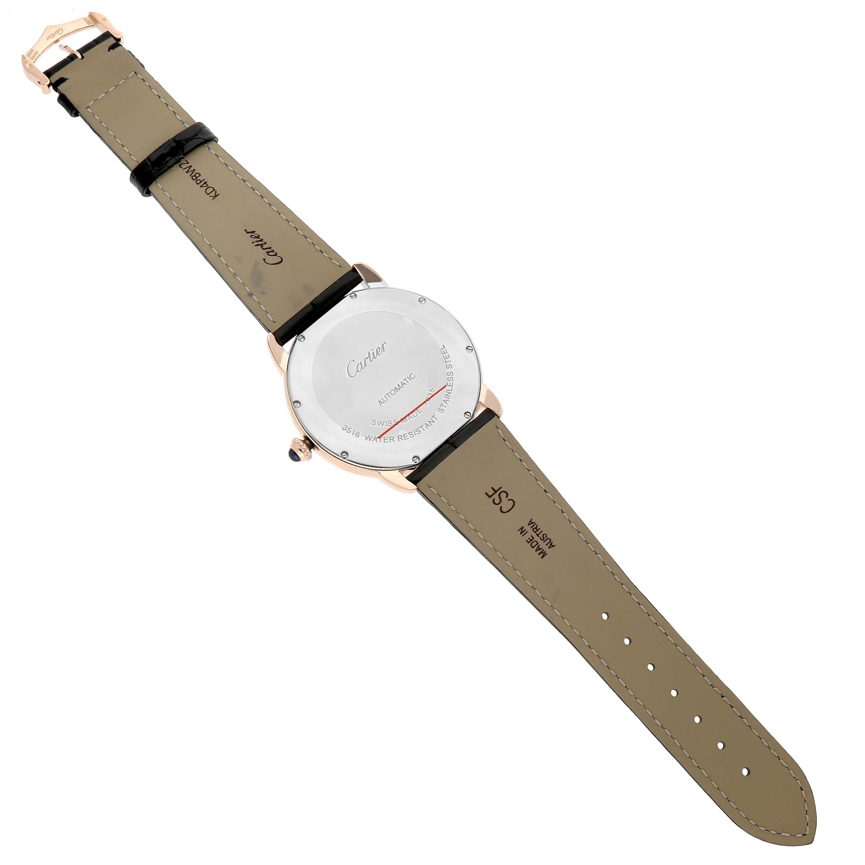The Cartier Ronde W6701009 Men's Rose Gold Silver Dial watch is shown from the back, highlighting the case back, strap, and buckle.