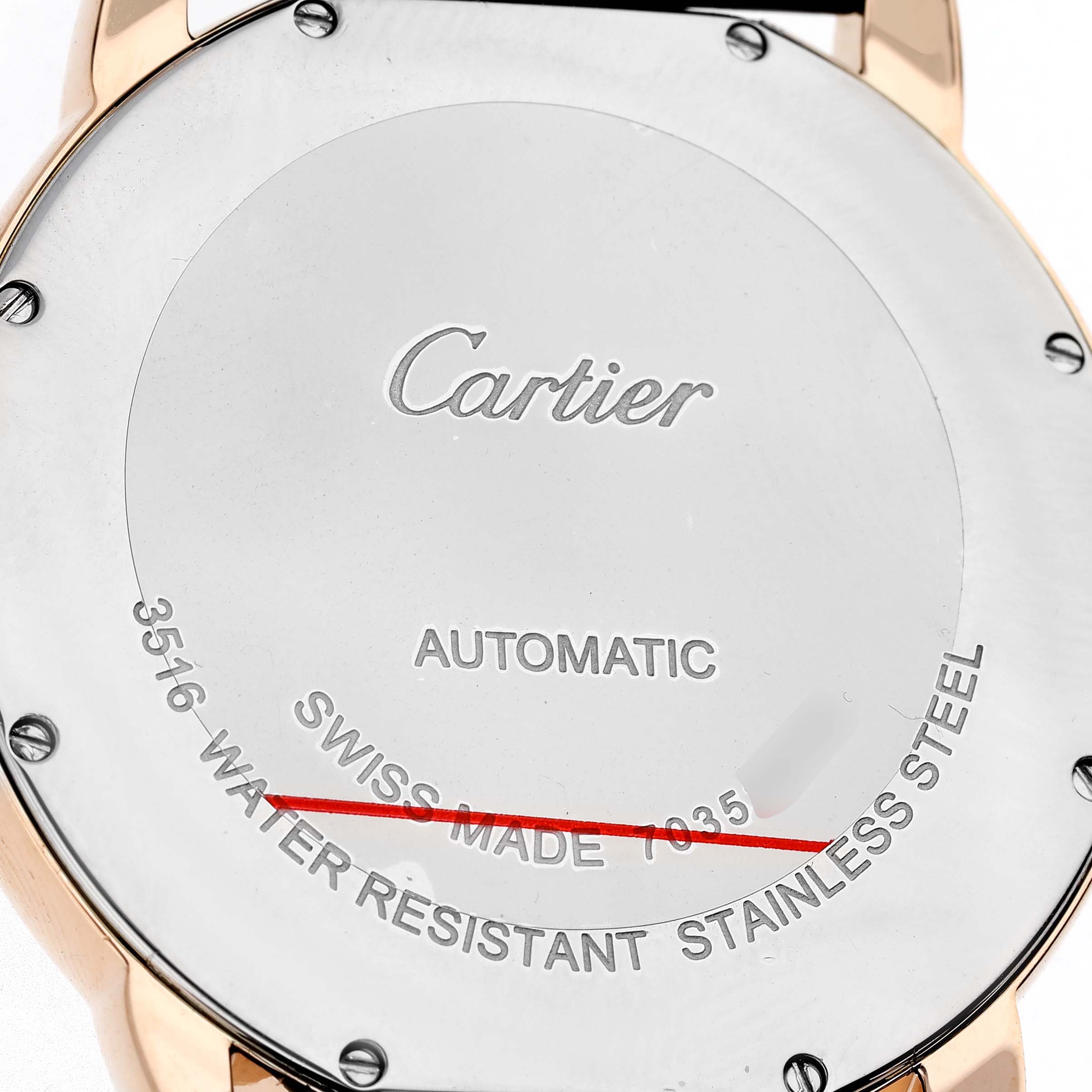 The image shows the back case of the Cartier Ronde W6701009 Men's Rose Gold Silver Dial watch, displaying the brand name and specifications.
