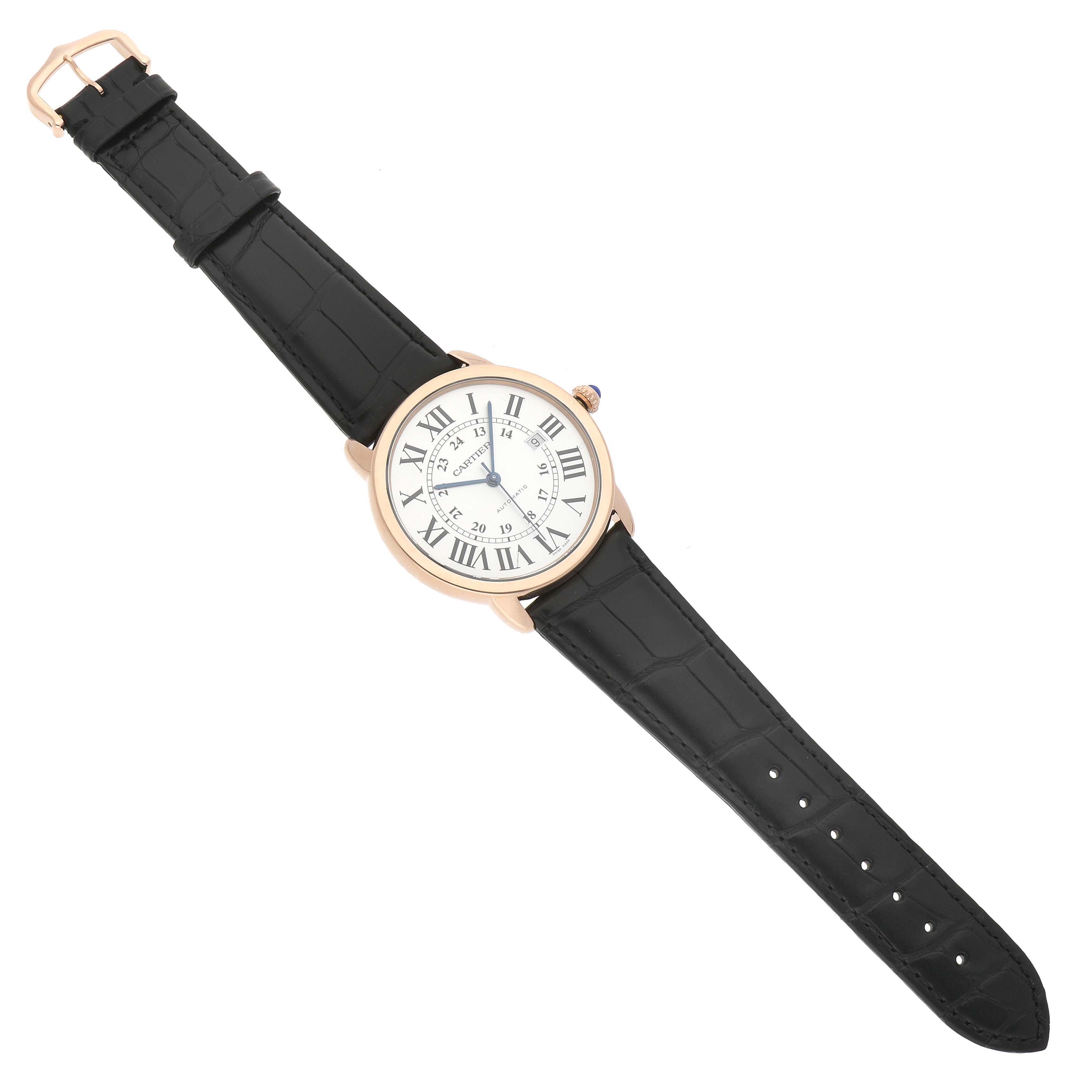 The Cartier Ronde W6701009 Men's Rose Gold Silver Dial watch is shown from a top-down angle, displaying the face, black strap, and gold case.