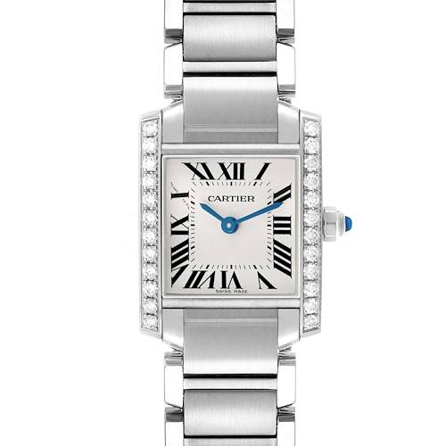 The Cartier Tank Francaise W4TA0008 Women's Stainless Steel Silver Dial watch is shown face-on, displaying its rectangular dial, Roman numerals, and metal bracelet.