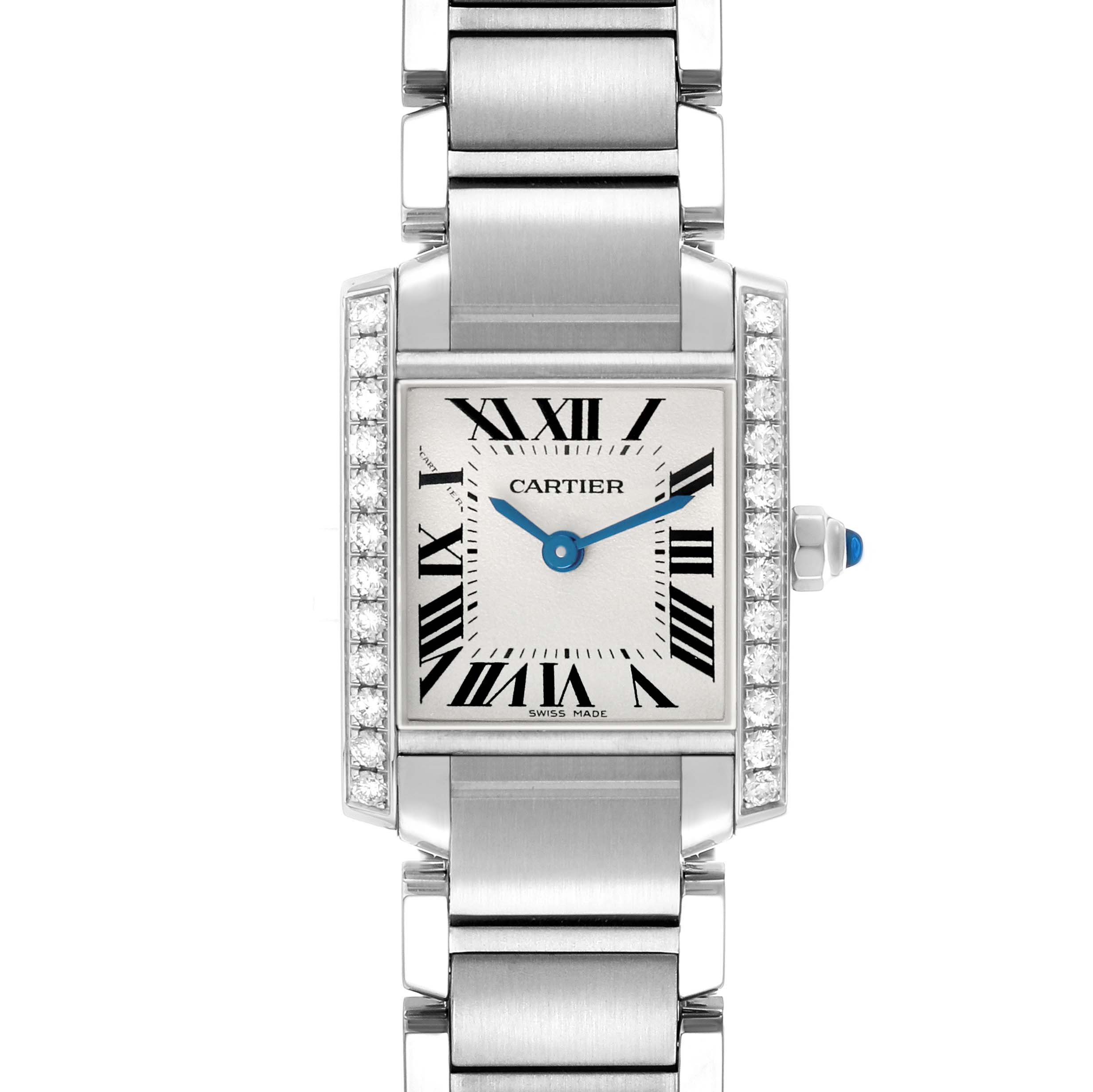 The Cartier Tank Française watch is shown from a front angle, highlighting its rectangular face, Roman numerals, and metal bracelet.