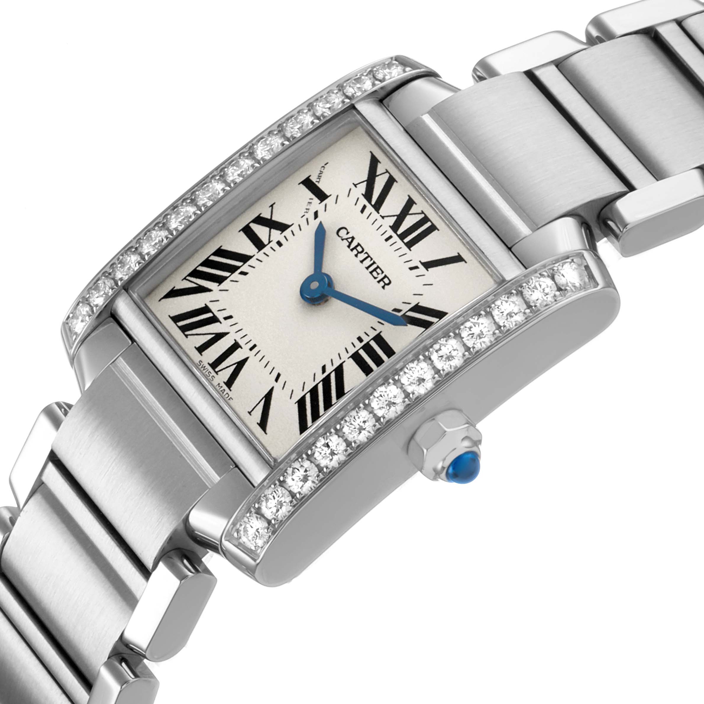 The Cartier Tank Francaise W4TA0008 Women's Stainless Steel Silver Dial watch is shown from an angled side view, highlighting the Roman numeral dial, diamond-set bezel, and metal bracelet.