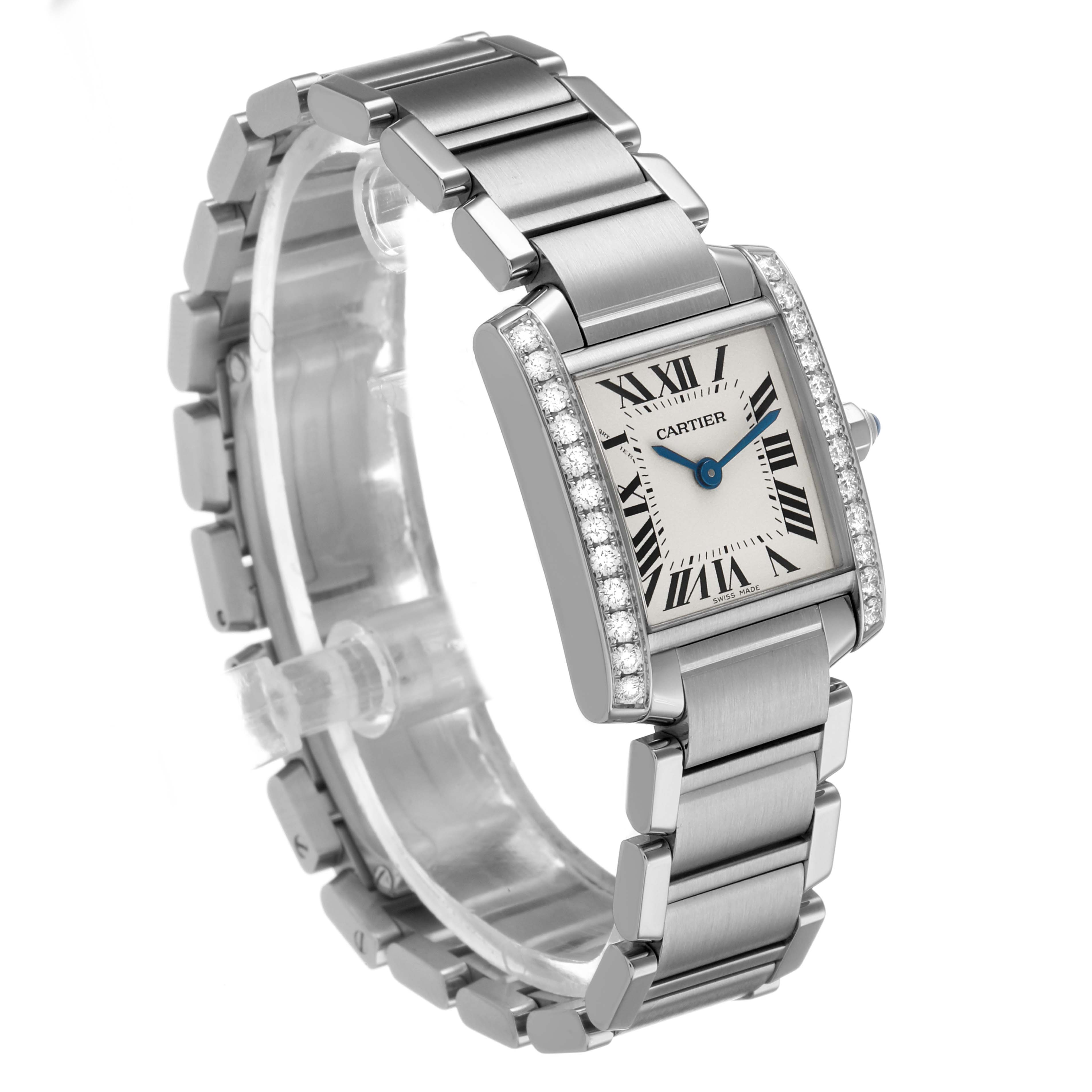 The Cartier Tank Francaise W4TA0008 Women's Stainless Steel Silver Dial watch is shown at a front-side angle, displaying its face, band, and diamond-accented bezel.
