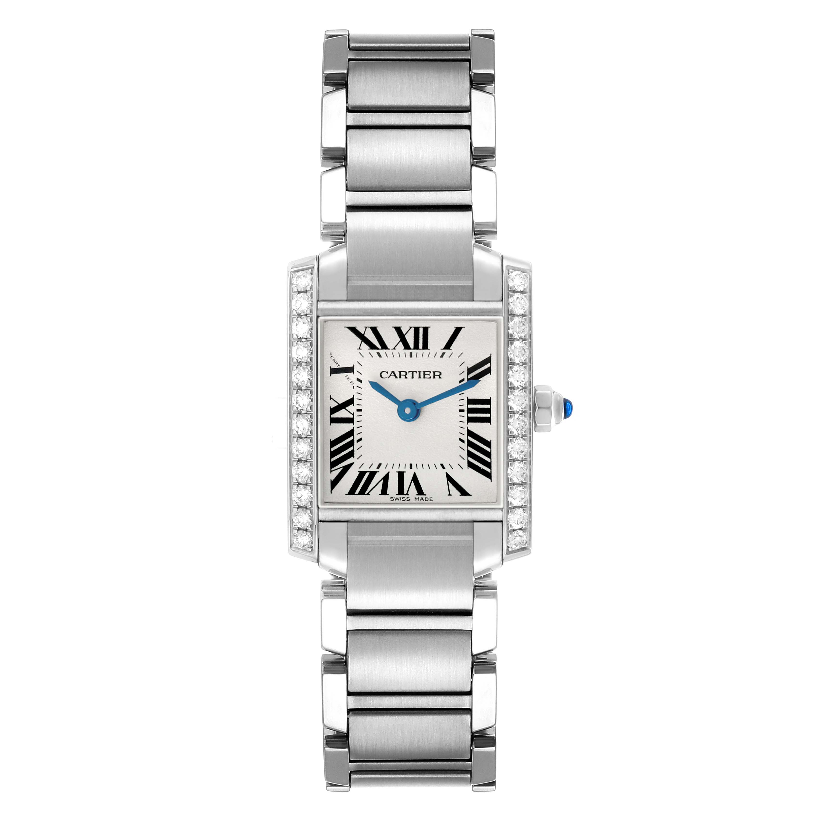 The Cartier Tank Française watch is shown from the front, highlighting its rectangular face, Roman numerals, and link bracelet.